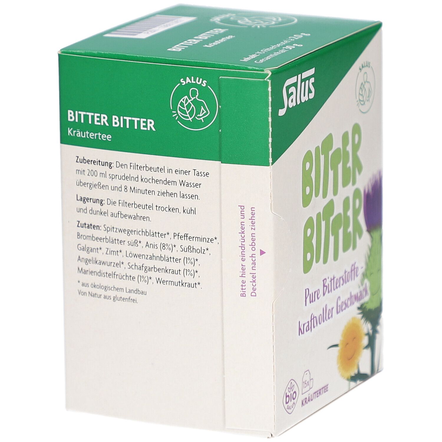 Karton mit Text und Zutatenliste. Grün-weiß. Text: Bitter Bitter Kräutertee. Bio-Siegel. Zubereitungshinweise.