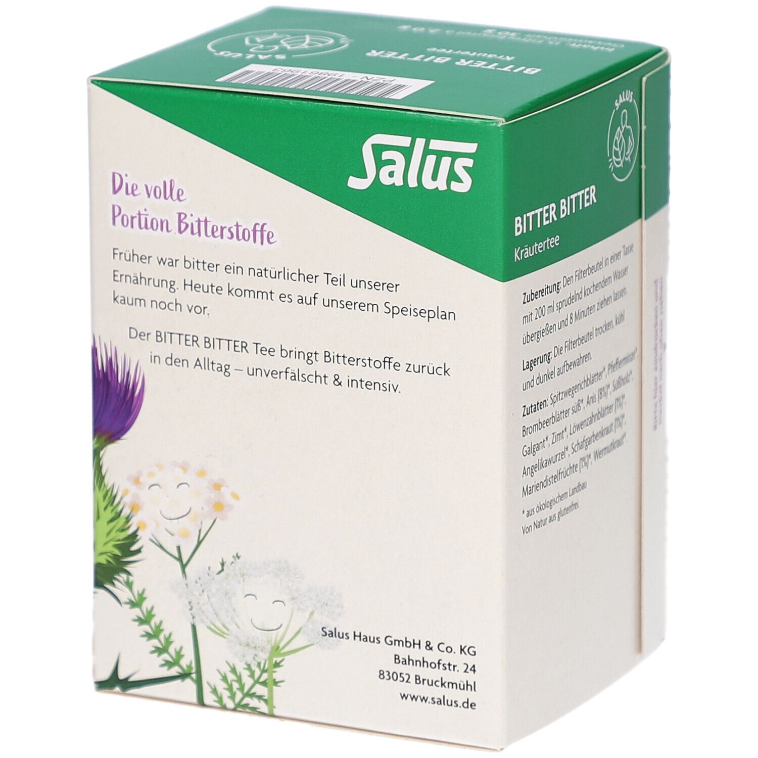 Karton mit Text. Grün-weiß. Text: Bitter Bitter Kräutertee. Salus Haus GmbH & Co. KG. Bio-Siegel. Illustrationen.