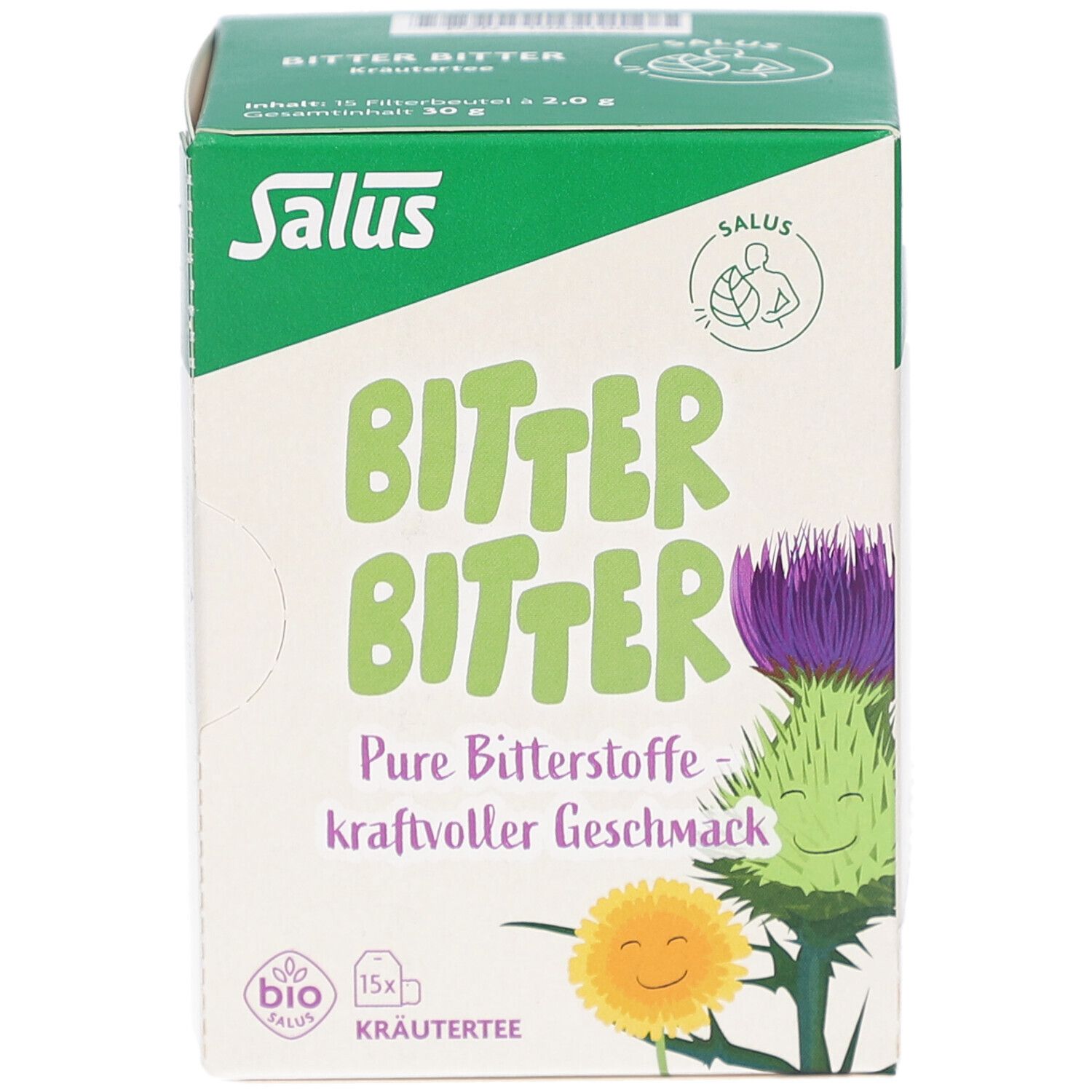 Karton. Grün-weiß. Text: Bitter Bitter, Kräutertee, Bio-Siegel. Illustrationen: Distel, Löwenzahn. Salus Logo.