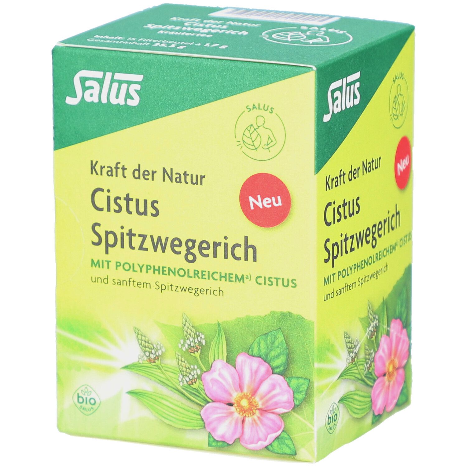 Boîte verte "Salus", "Cistus Spitzwegerich". Label bio. Fleur et feuilles. Autocollant rouge "Neu".