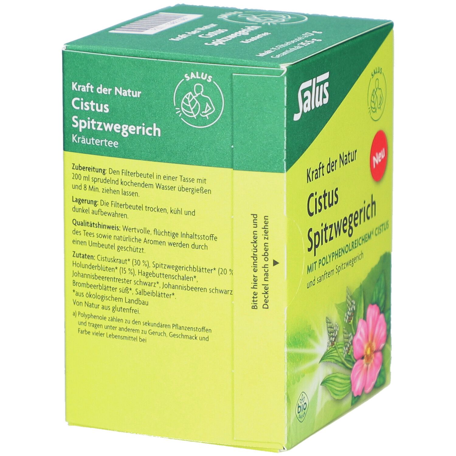 Boîte verte avec texte. "Salus", "Cistus Spitzwegerich". Label bio. Texte sur préparation et ingrédients.