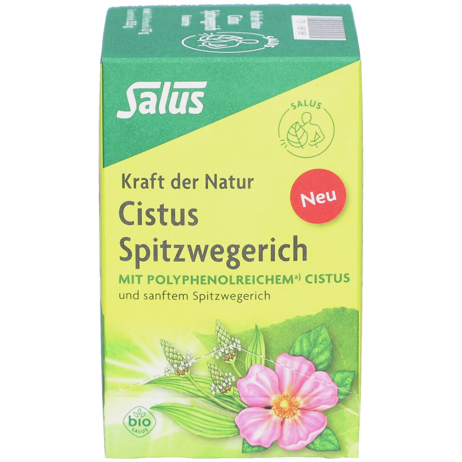 Boîte verte "Salus", "Cistus Spitzwegerich". Label bio. Fleur et feuilles. Autocollant rouge "Neu".