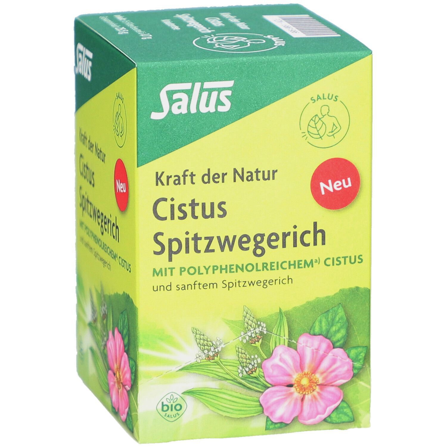 Boîte verte "Salus", "Cistus Spitzwegerich". Label bio. Fleur et feuilles. Autocollant rouge "Neu".
