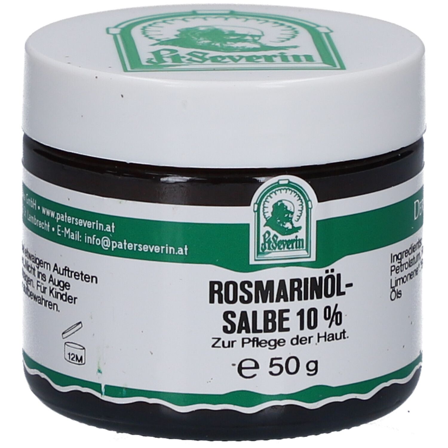 Dunkles Glas mit weißem Deckel. Aufschrift: Rosmarinöl-Salbe 10 %. Grünes Etikett mit Logo. 50 g. Text: Zur Pflege der Haut.