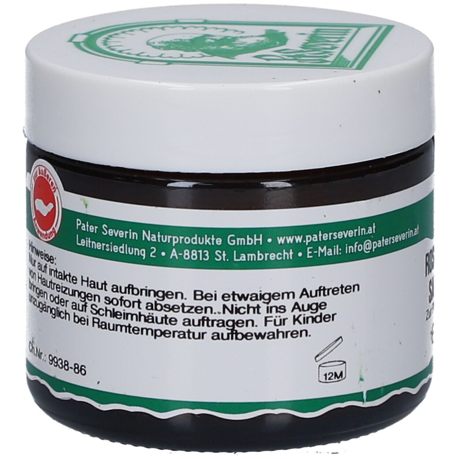 Dunkles Glas mit weißem Deckel. Grünes Etikett mit Text und Logo. 12M Symbol. Text: Hinweise, für Kinder unzugänglich aufbewahren.