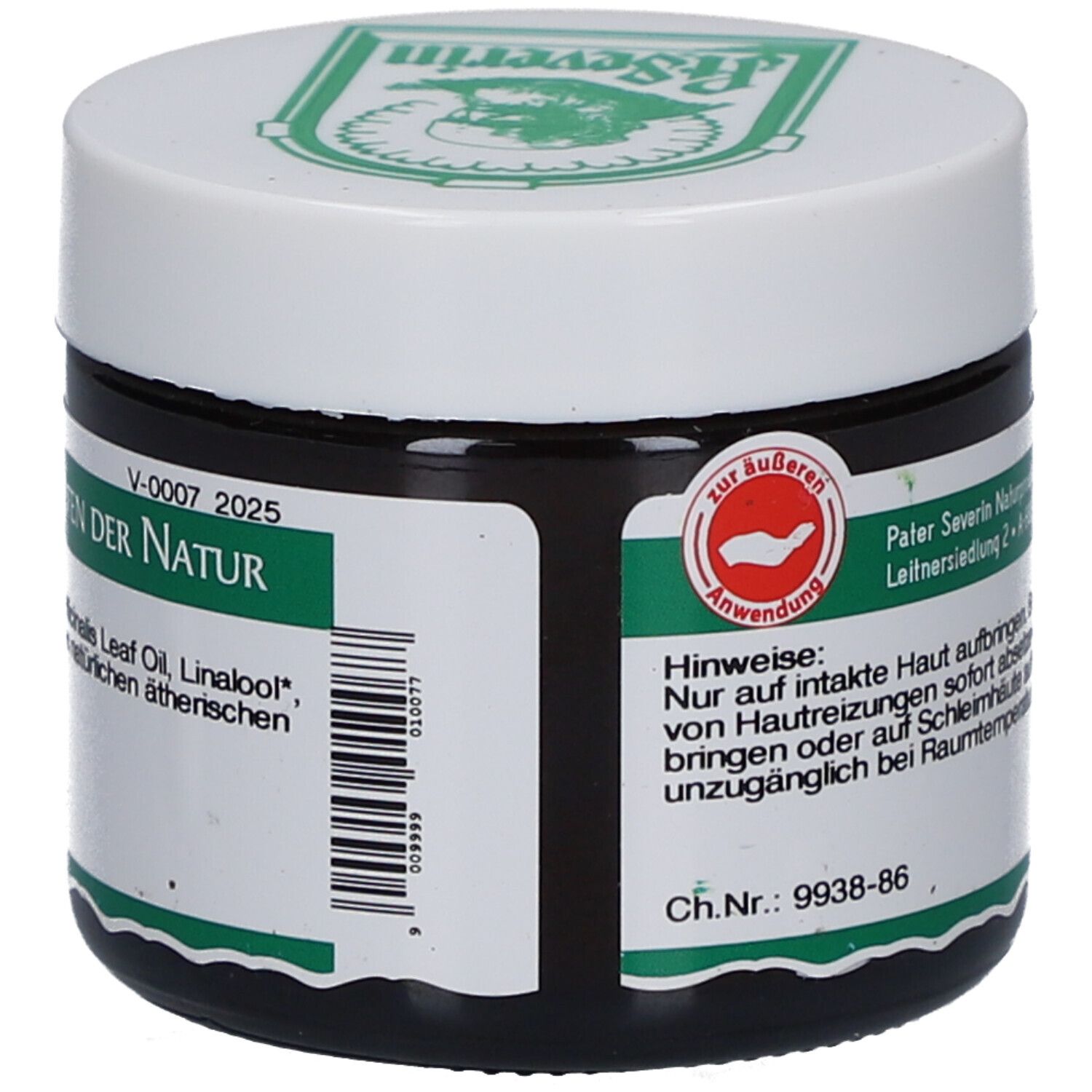 Dunkles Glas mit weißem Deckel. Grünes Etikett mit Text und Logo. Text: Nur zur äußeren Anwendung. Ch.Nr.: 9938-86.