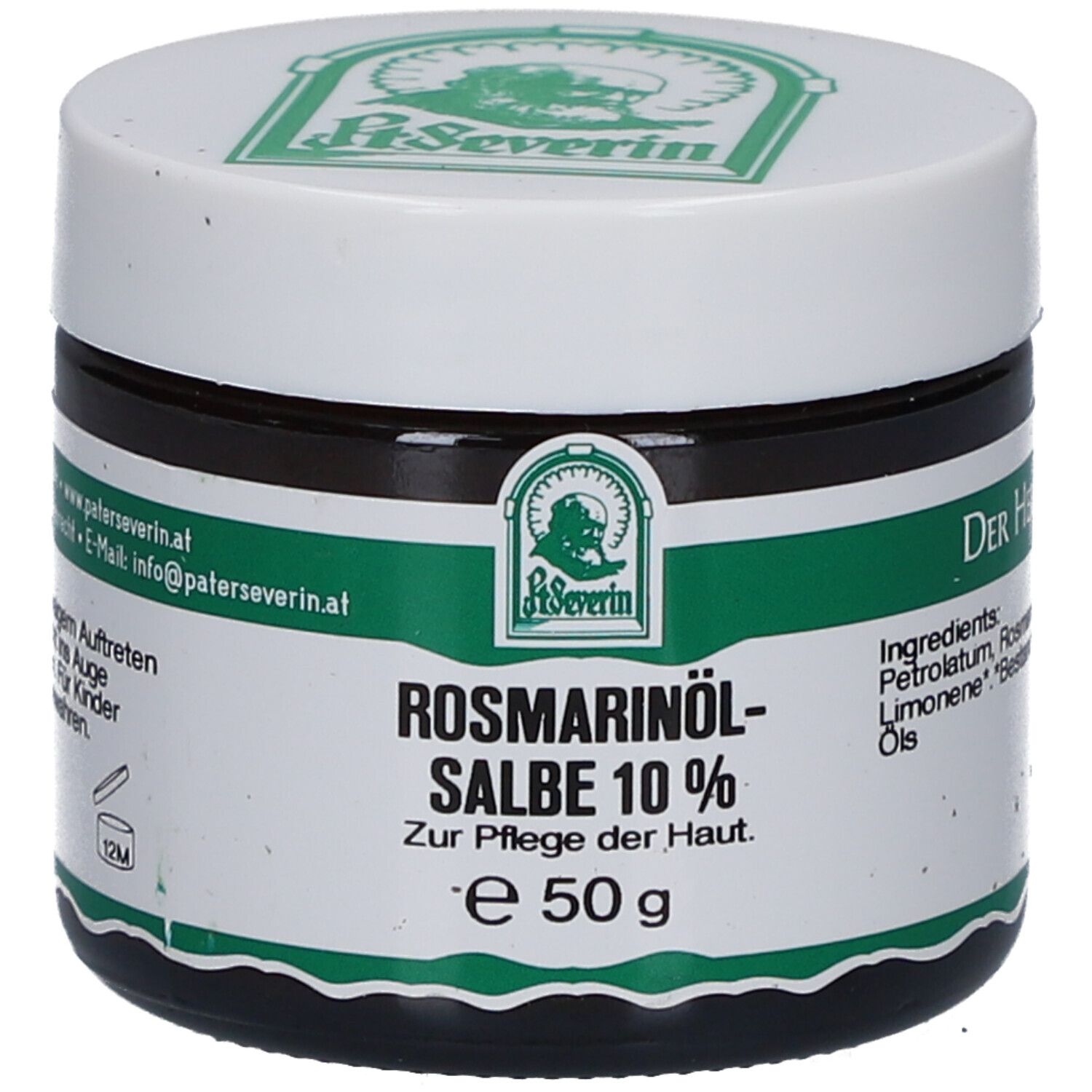 Dunkles Glas mit weißem Deckel. Aufschrift: Rosmarinöl-Salbe 10 %. Grünes Etikett mit Logo. 50 g.