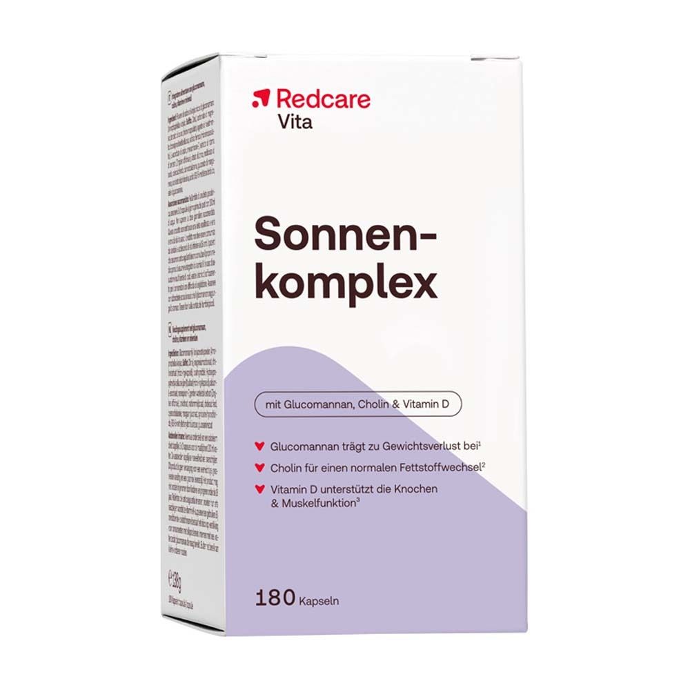 Weiße Schachtel mit Kapseln. Aufschrift: Redcare Vita Sonnenkomplex mit Glucomannan, Cholin & Vitamin D. 180 Kapseln.