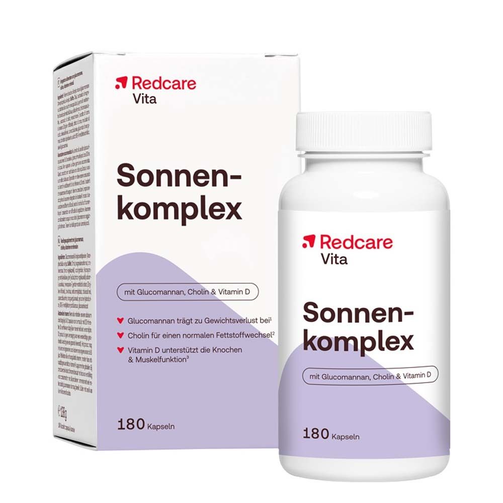 Produktpackung mit Flasche und Schachtel. Aufschrift: Redcare Vita Sonnenkomplex mit Glucomannan, Cholin & Vitamin D. 180 Kapseln.