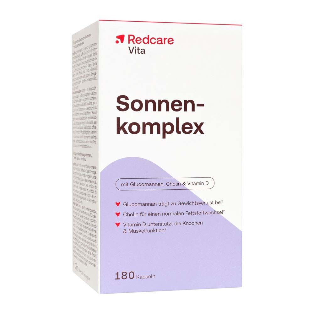 Boîte blanche avec 'Redcare Vita Sonnenkomplex'. 180 gélules. Accent violet.