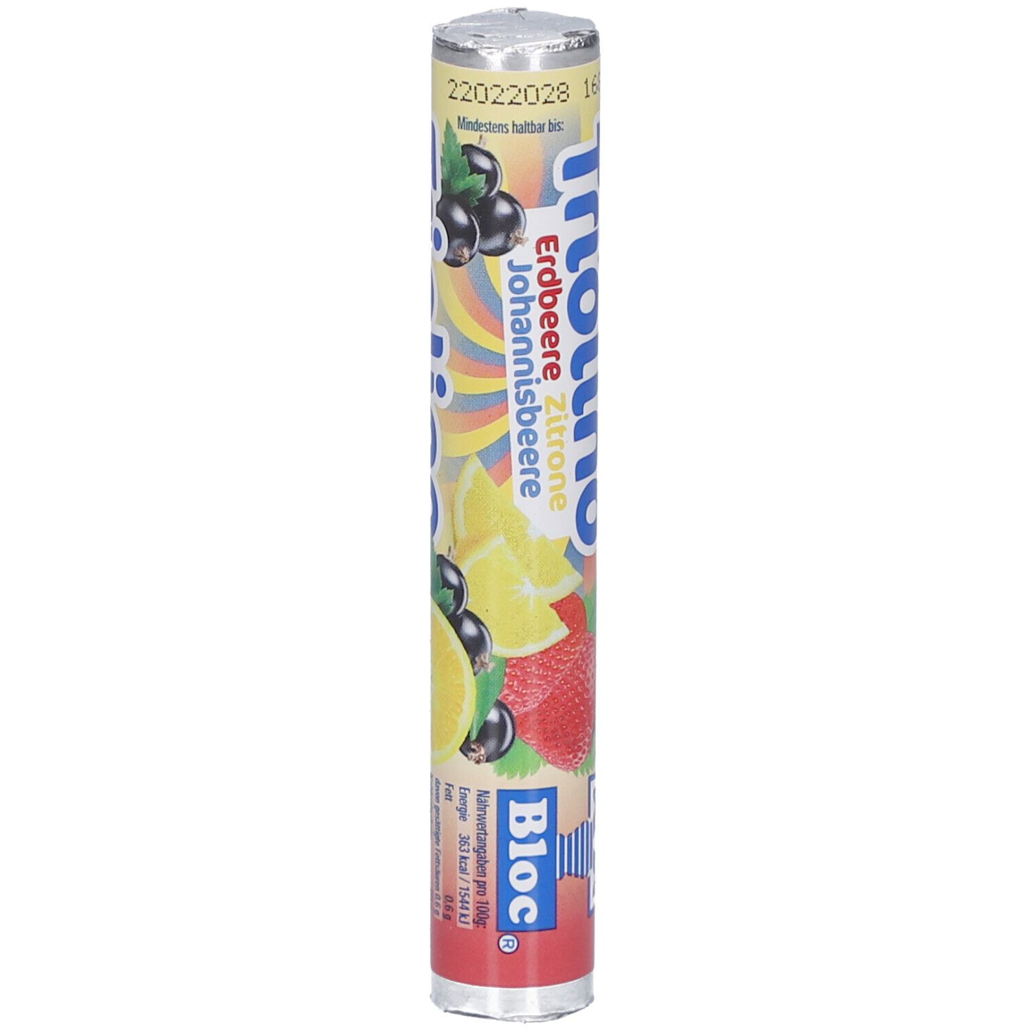 Zylinderförmige Verpackung von Bloc® Triolino Traubenzucker. Aufdruck mit Erdbeere, Zitrone, Johannisbeere und dem Produktnamen. Silberne Verschlusskappe.