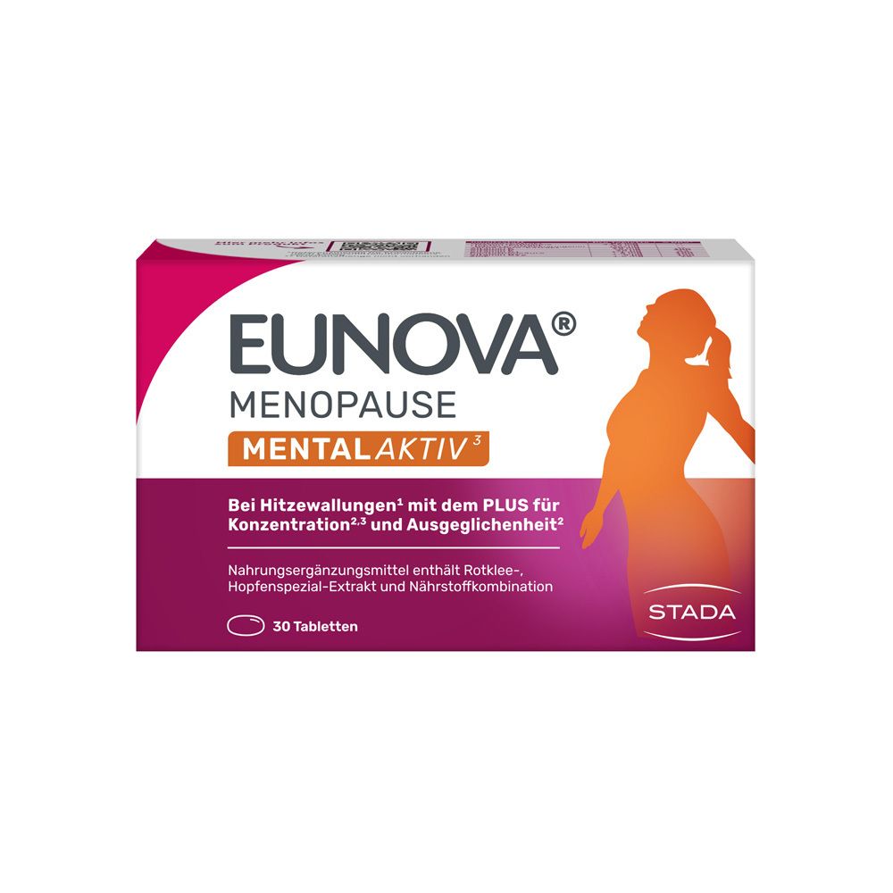 Emballage d'EUNOVA MENOPAUSE MENTAL AKTIV avec 30 comprimés.