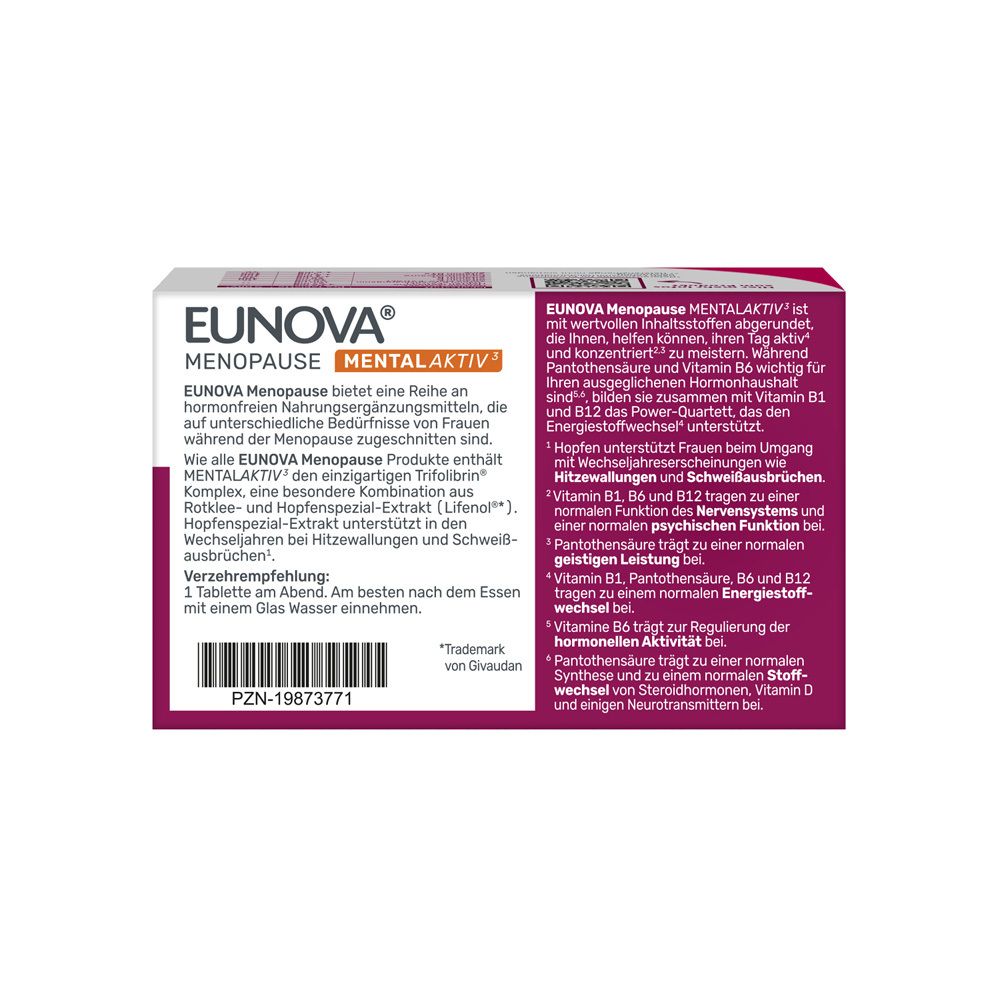 Arrière de l'emballage EUNOVA MENOPAUSE MENTAL AKTIV avec informations détaillées.