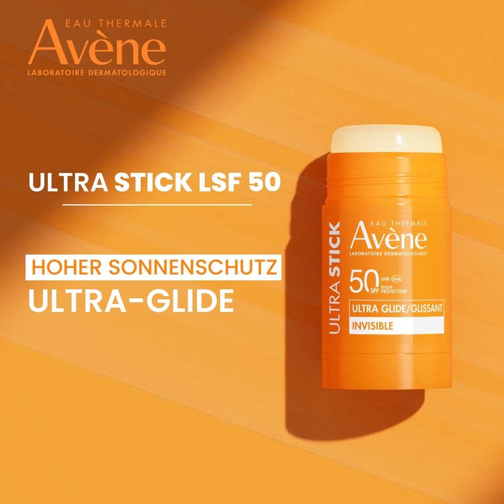 Avène Ultra Stick LSF 50. Orangefarbener Stick auf orangefarbenem Hintergrund. Text: Ultra Stick LSF 50, Hoher Sonnenschutz, Ultra-Glide.
