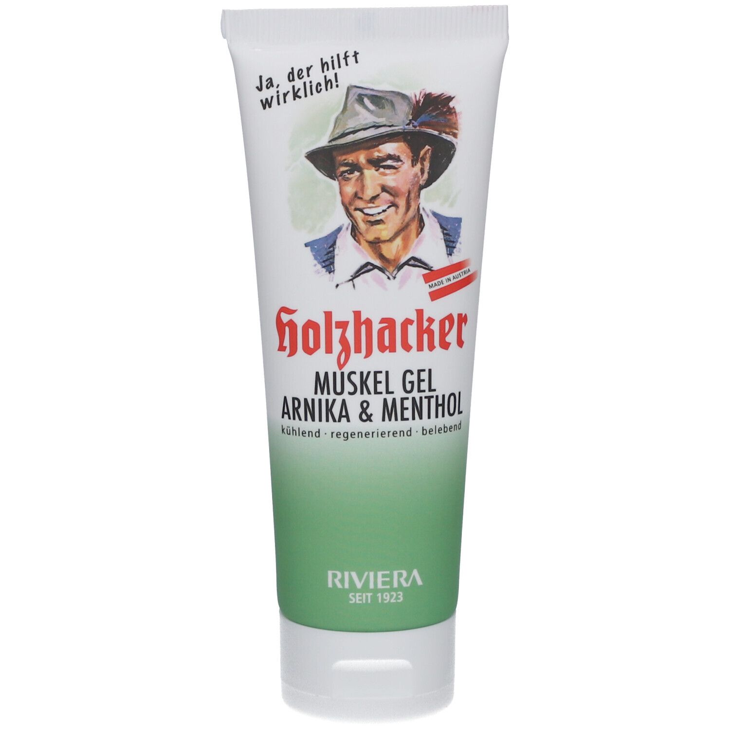 Tube de gel Holzhacker Muskelgel Arnika & Menthol. Homme avec chapeau, nom du produit, Riviera.