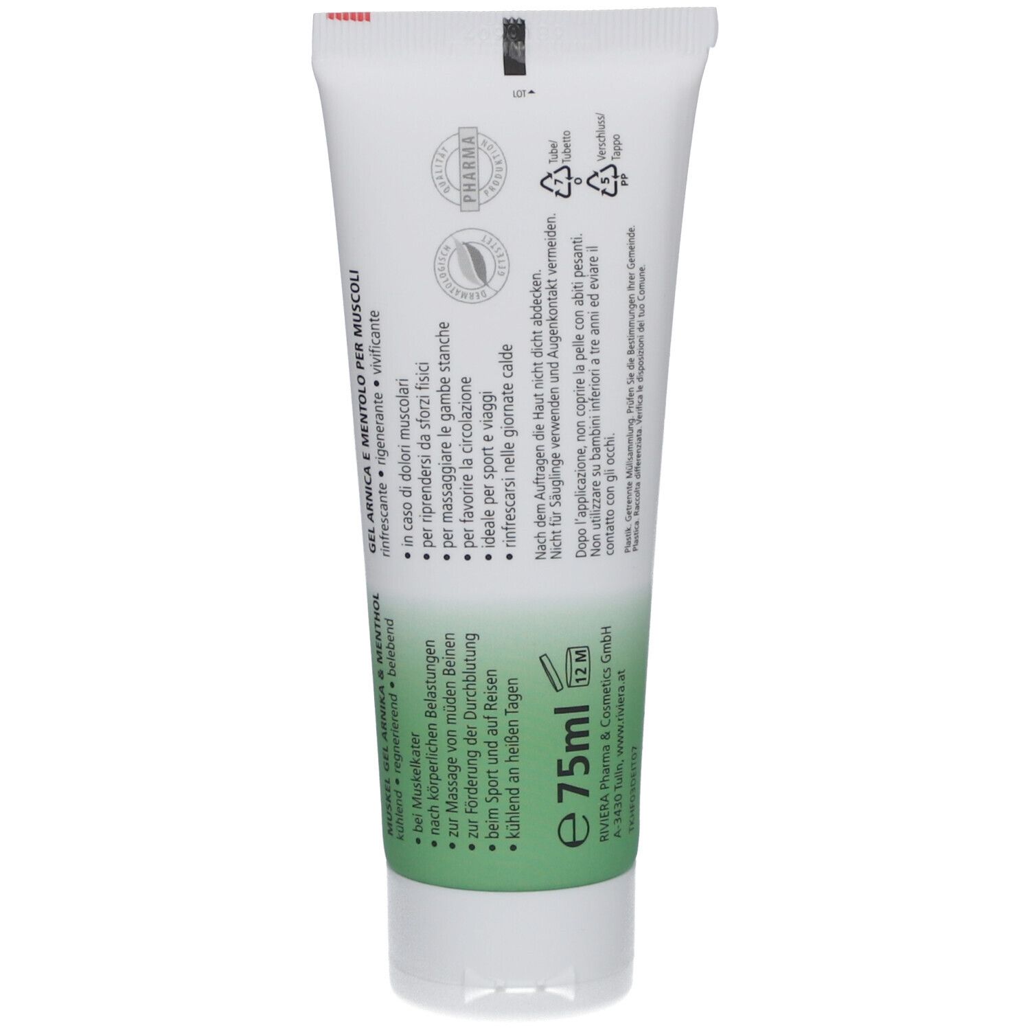Dos du tube Holzhacker Muskelgel Arnika & Menthol. Texte: instructions, ingrédients, 75ml.