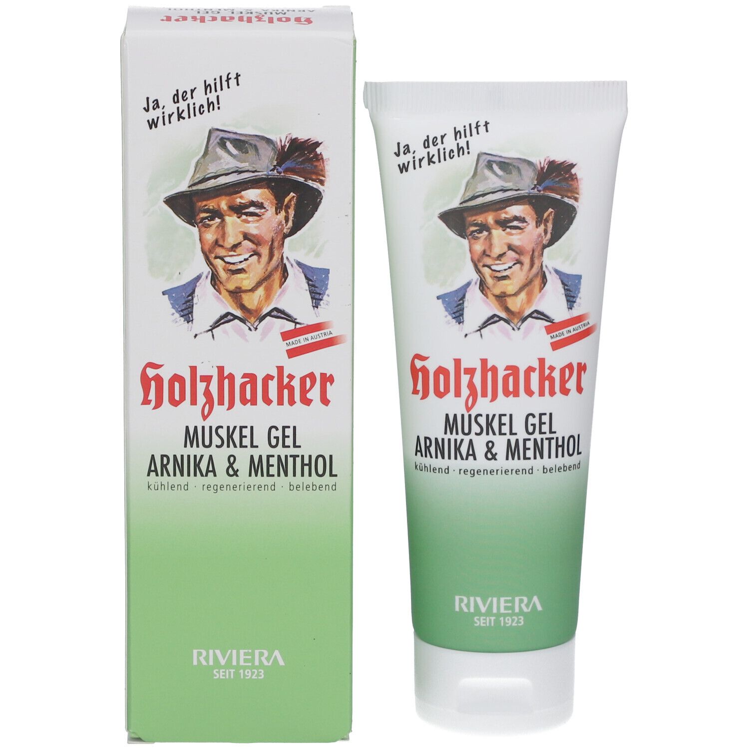 Produit Holzhacker Muskelgel Arnika & Menthol avec emballage. Homme avec chapeau, nom du produit, Riviera.