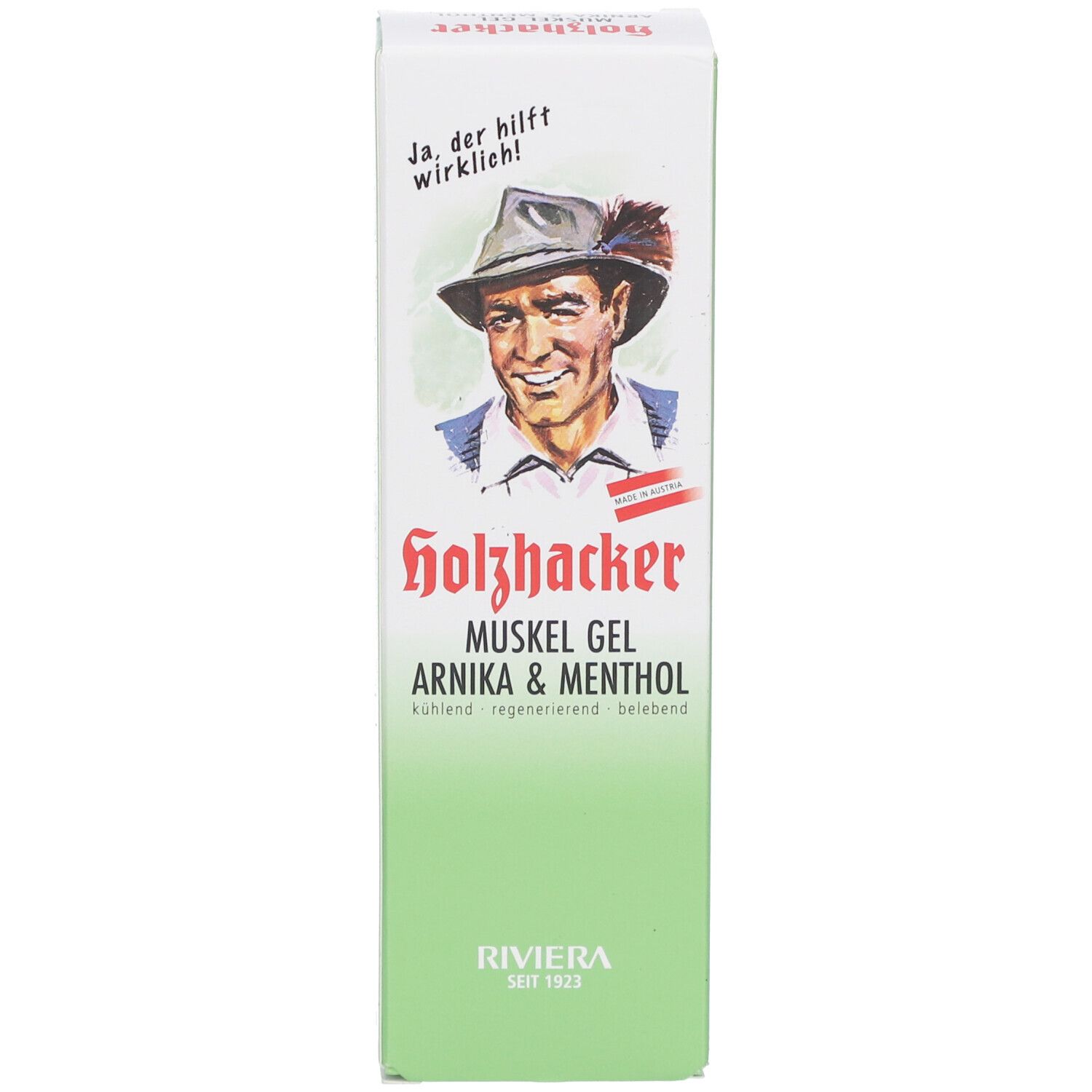 Emballage de Holzhacker Muskelgel Arnika & Menthol. Homme avec chapeau, nom du produit, Riviera.