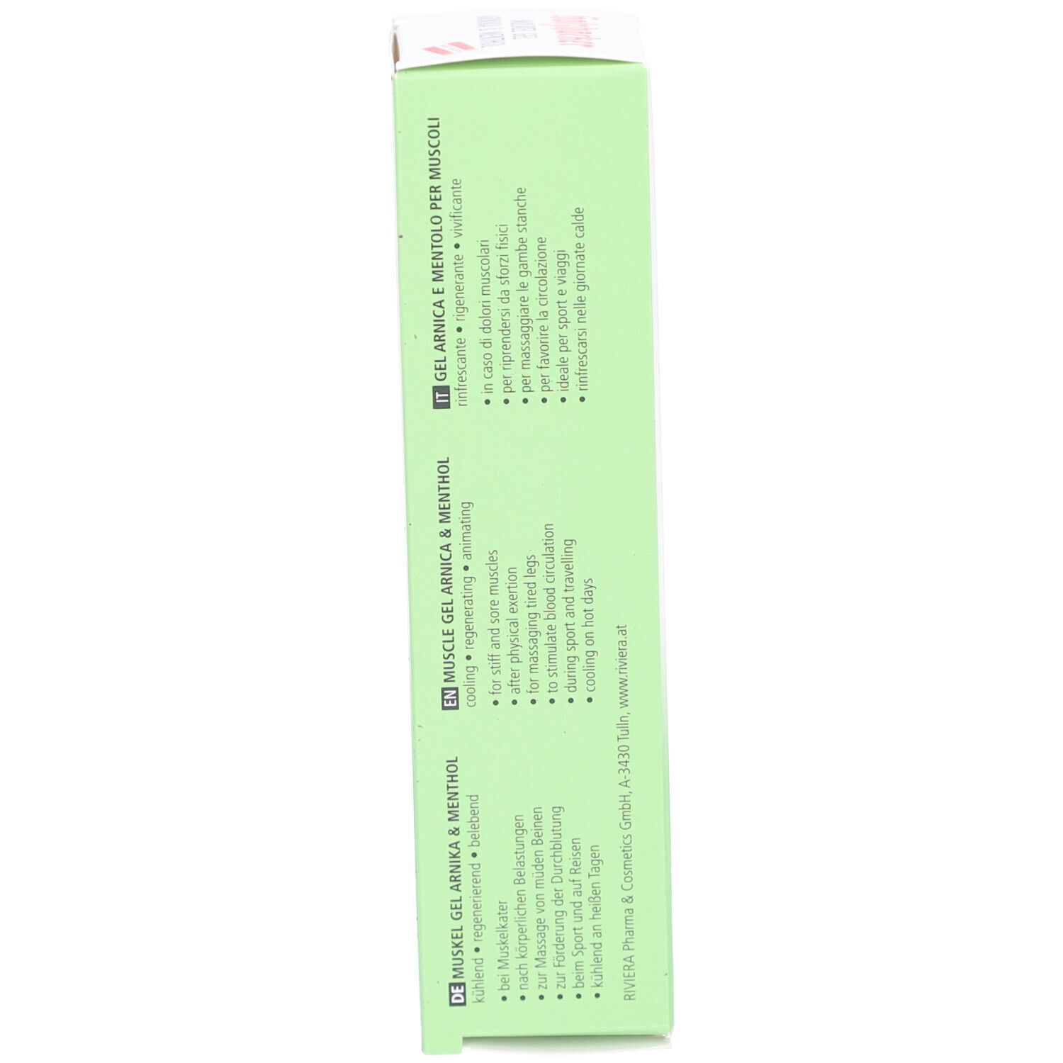 Côté de l'emballage Holzhacker Muskelgel Arnika & Menthol. Texte: utilisation, ingrédients, 75ml.