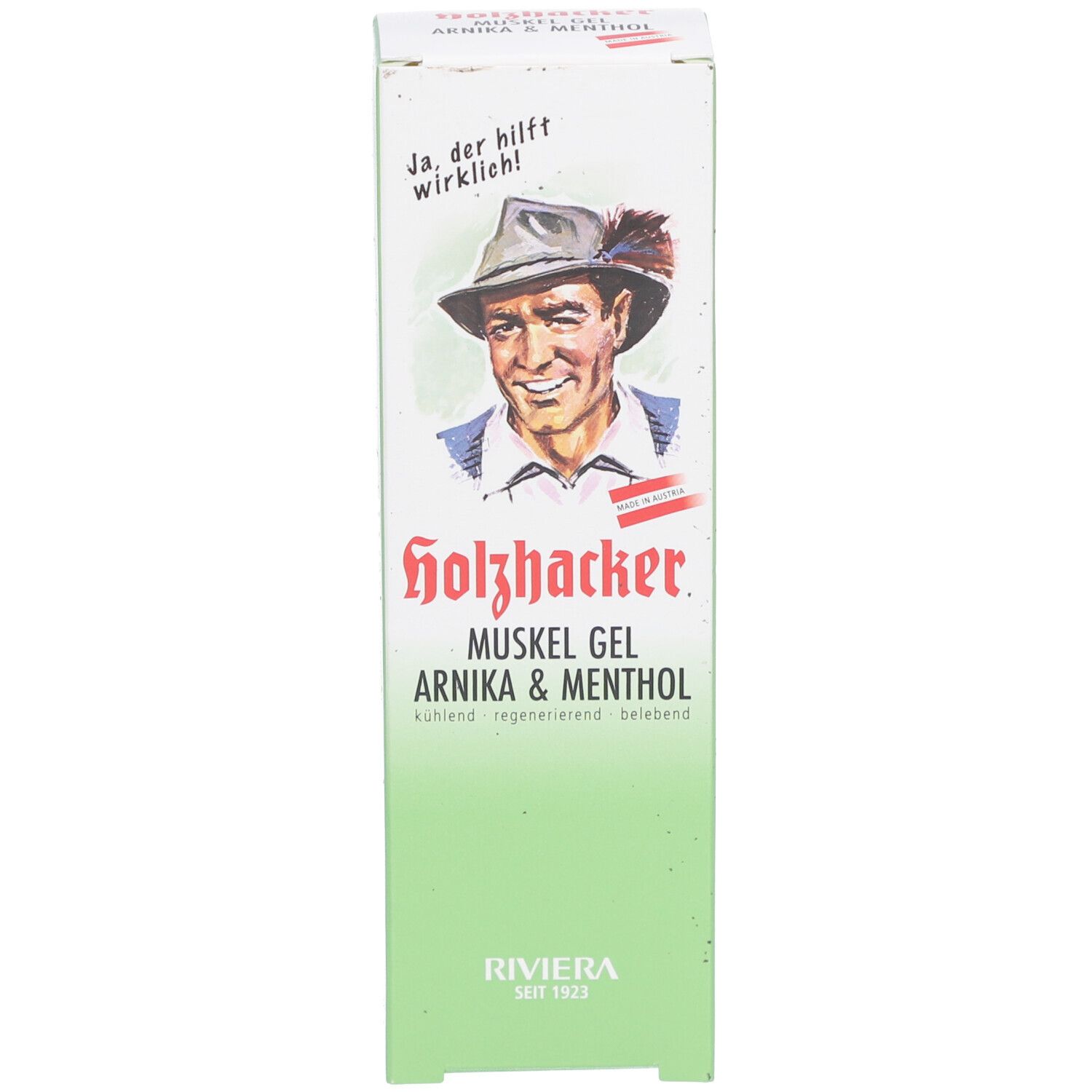 Emballage de Holzhacker Muskelgel Arnika & Menthol. Homme avec chapeau, nom du produit, Riviera.