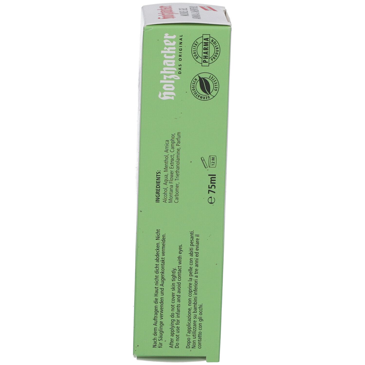 Côté de l'emballage Holzhacker Muskelgel Arnika & Menthol. Texte: ingrédients, 75ml, logo.