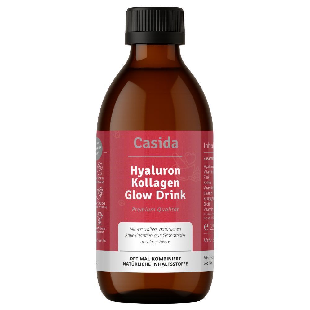 Bouteille en verre marron avec bouchon noir. Étiquette rouge avec texte: Casida Hyaluron Kollagen Glow Drink.
