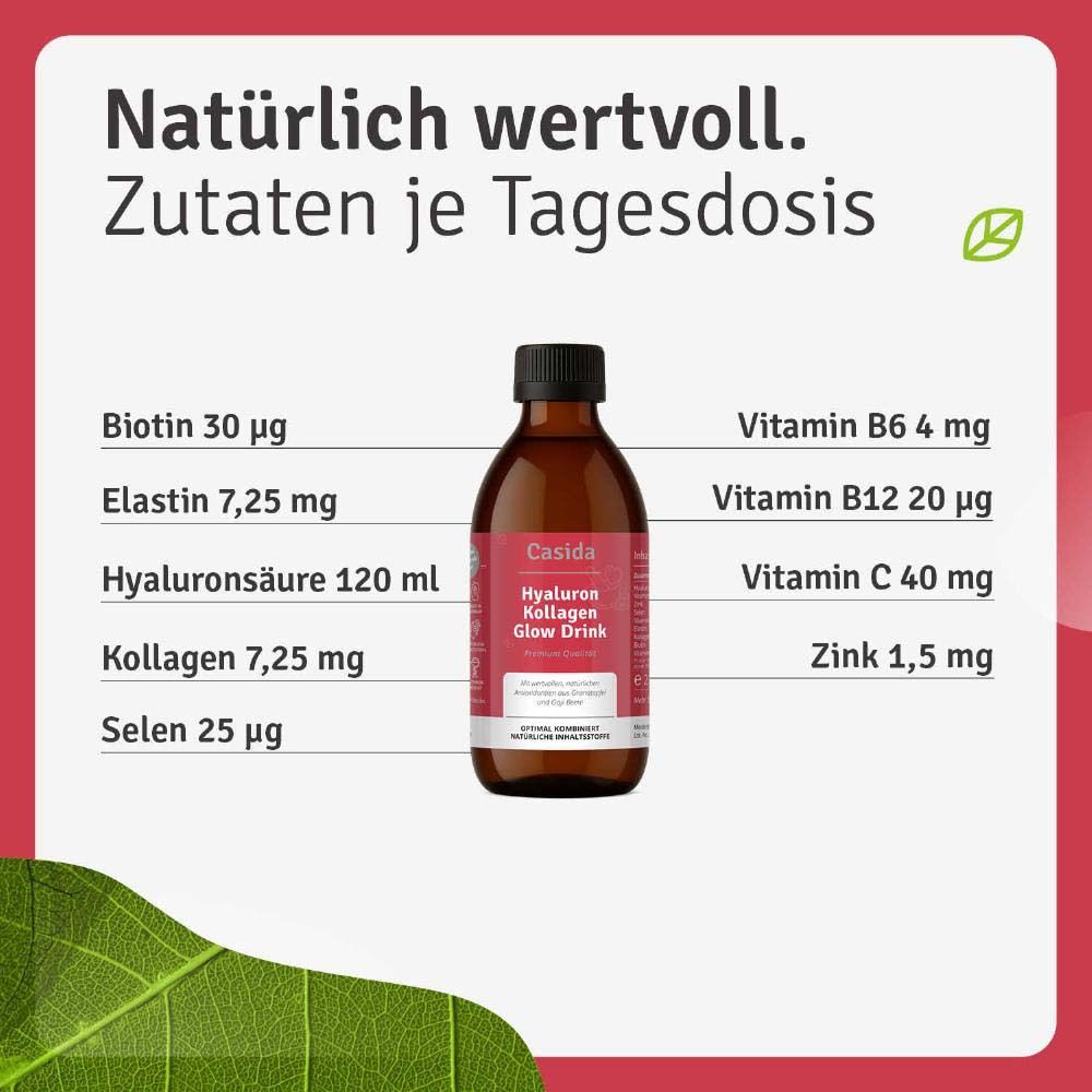 Graphique avec ingrédients par dose quotidienne. Contient: biotine, élastine, acide hyaluronique, collagène, sélénium, Vit B6, B12, C, zinc.
