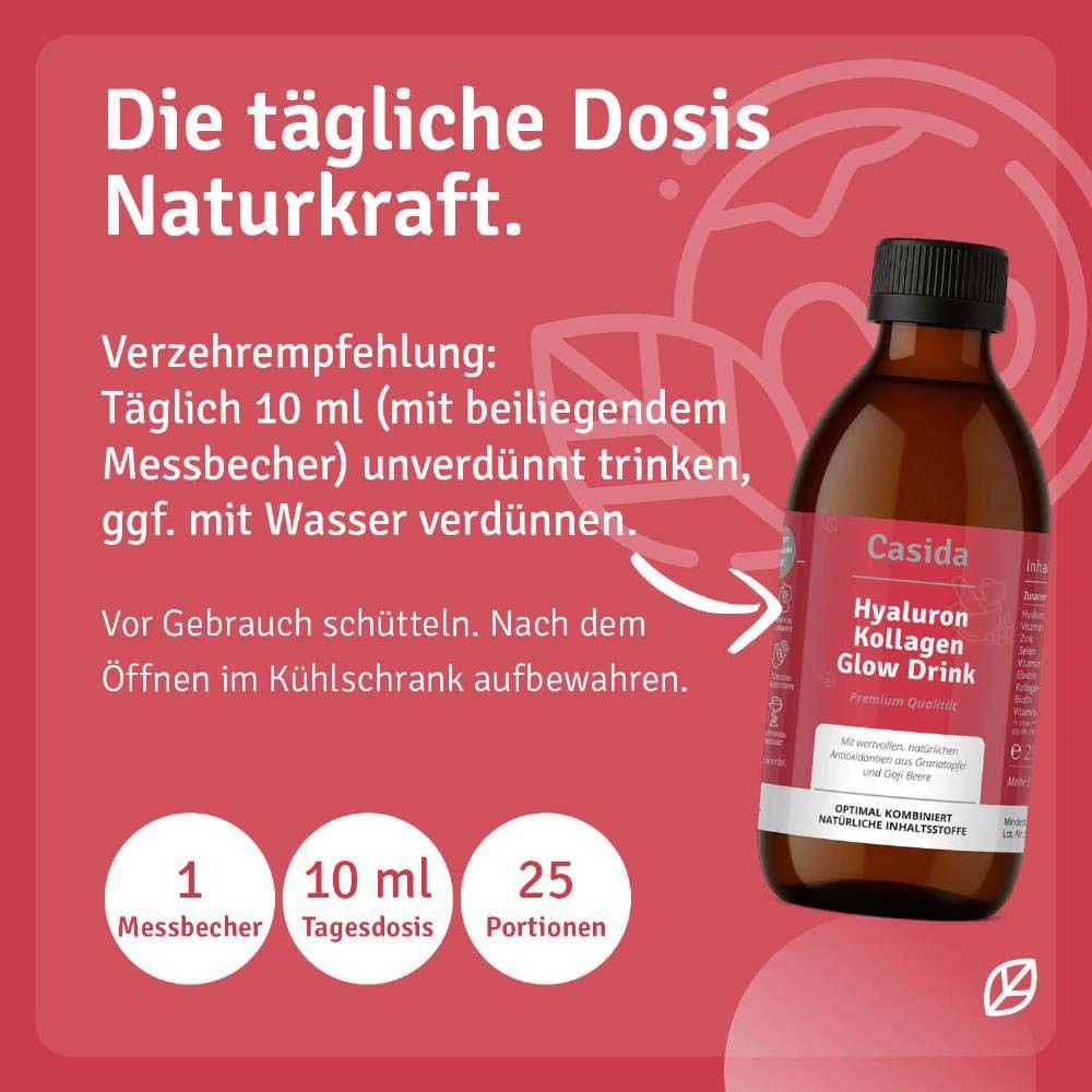 Graphique avec recommandation de consommation. Boire 10 ml (avec gobelet doseur) non dilué. 1 gobelet, 10 ml dose, 25 portions.