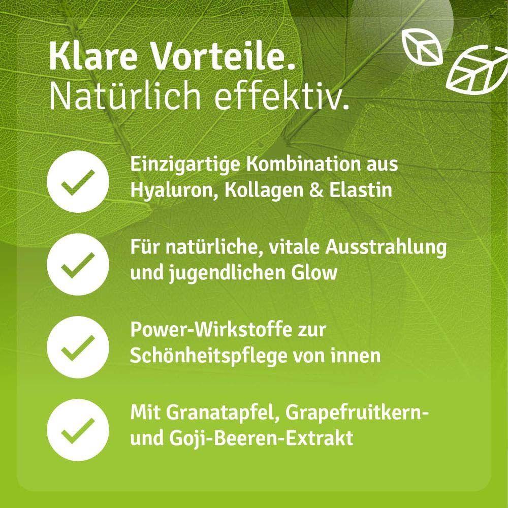 Graphique avec avantages. Combinaison d'acide hyaluronique, collagène et élastine. Pour éclat naturel. Avec extrait de grenade.