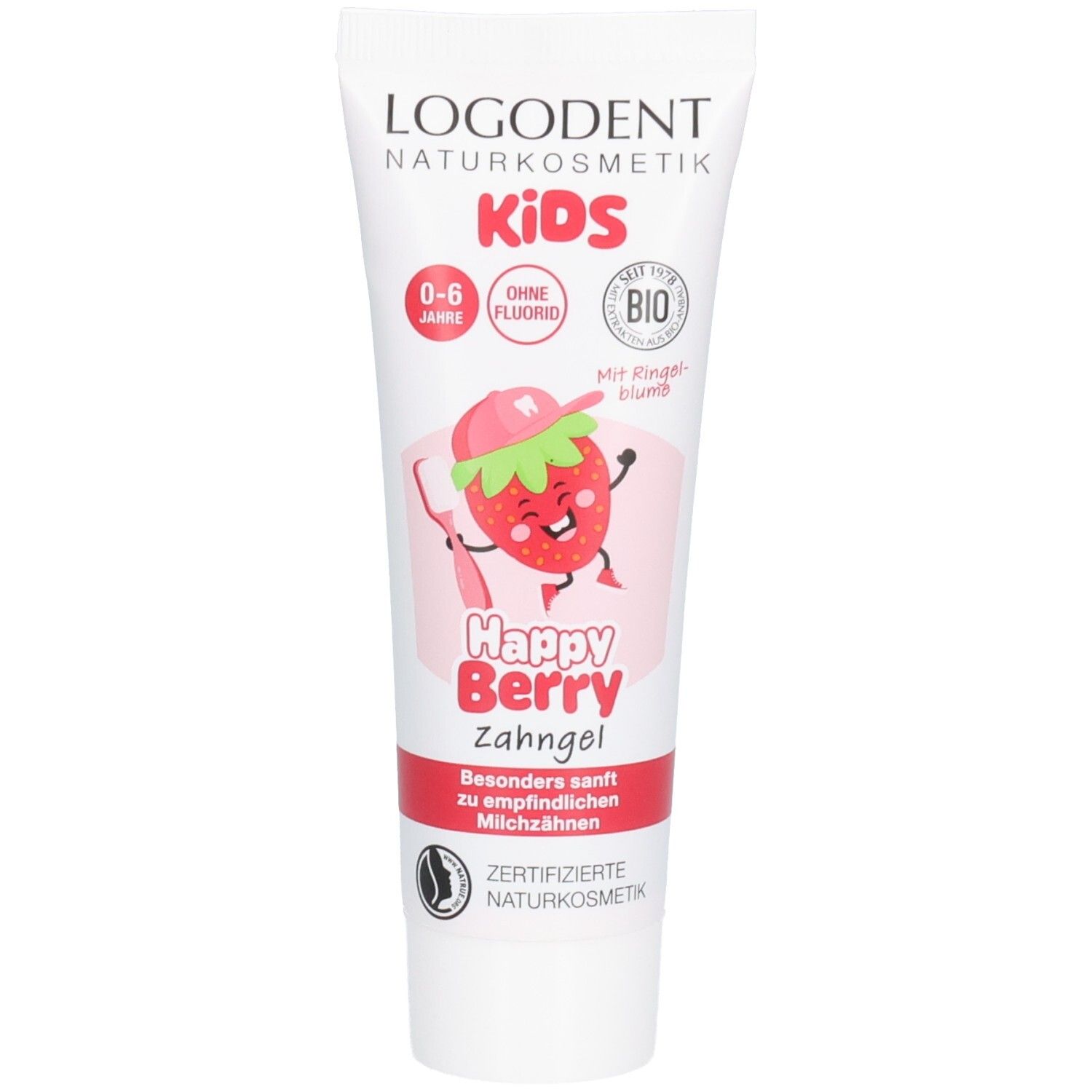 Zahngel-Tube mit Logo und Aufschrift KIDS Happy Berry. Abbildung einer Erdbeere mit Zahnbürste. Zertifizierte Naturkosmetik.