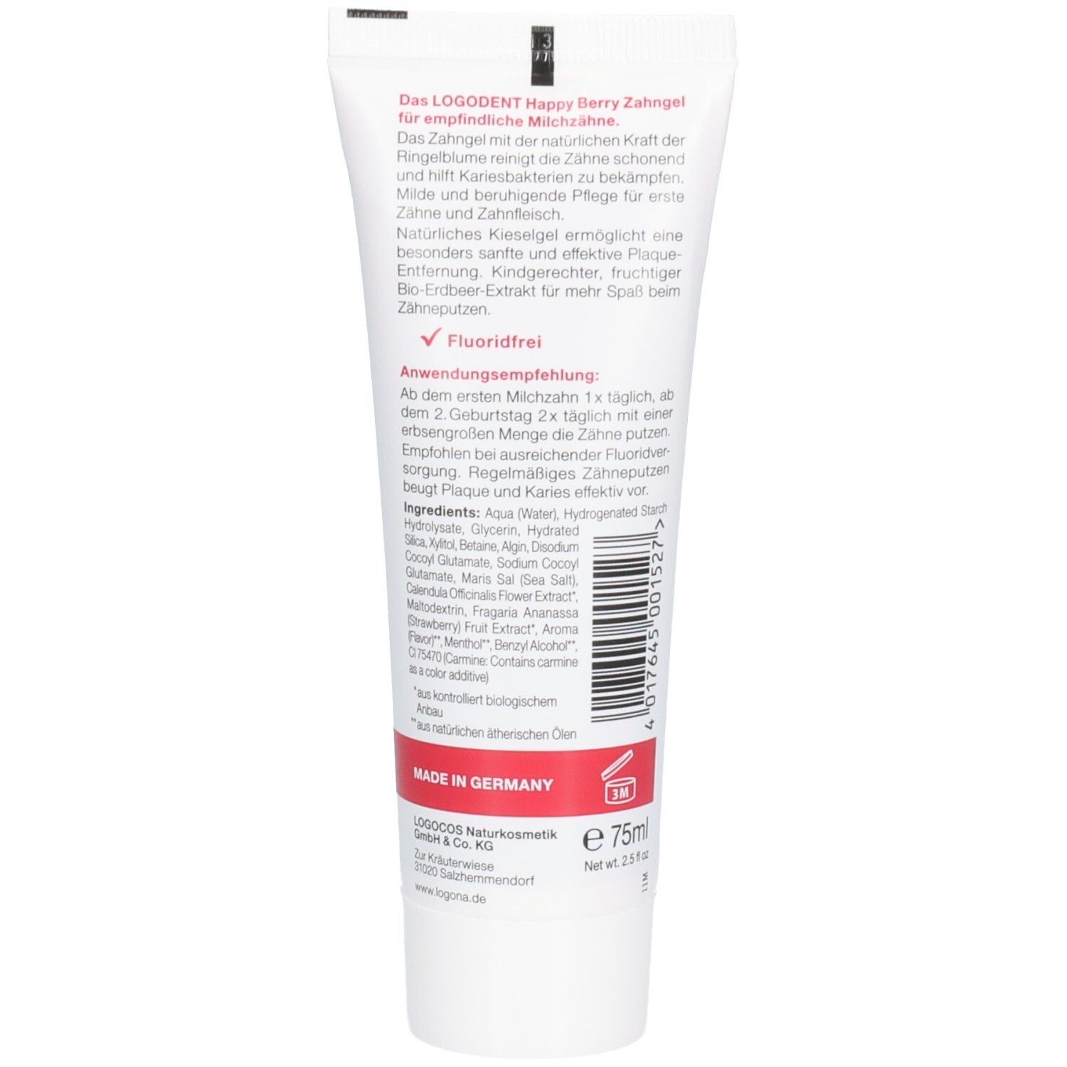 Rückseite der Zahngel-Tube. Text mit Inhaltsstoffen und Anwendungsempfehlung. Made in Germany. Volumen: 75ml.