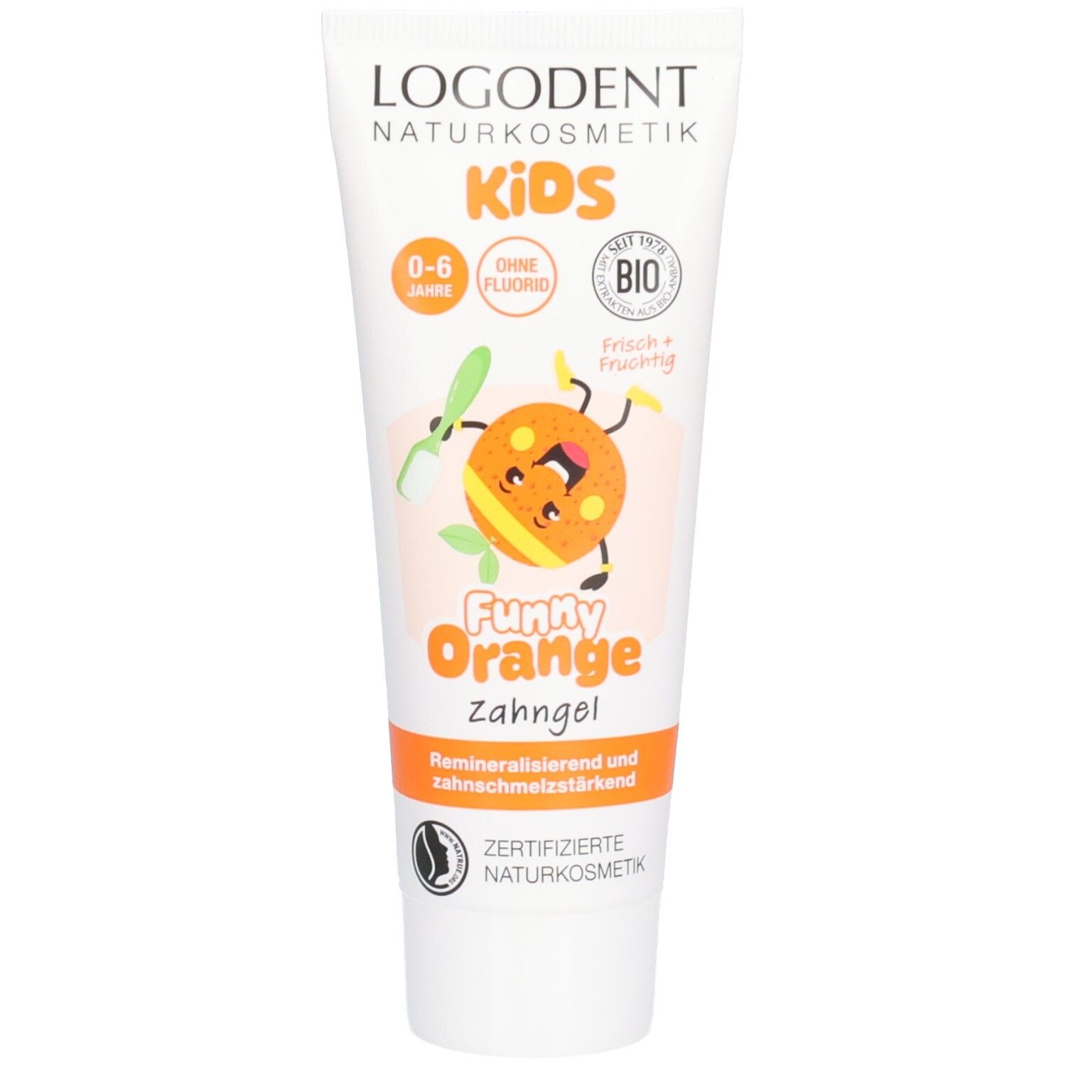 Zahngel-Tube mit Cartoon-Orange-Illustration. Aufschrift: "KIDS", "0-6 Jahre", "Ohne Fluorid", "Funny Orange".