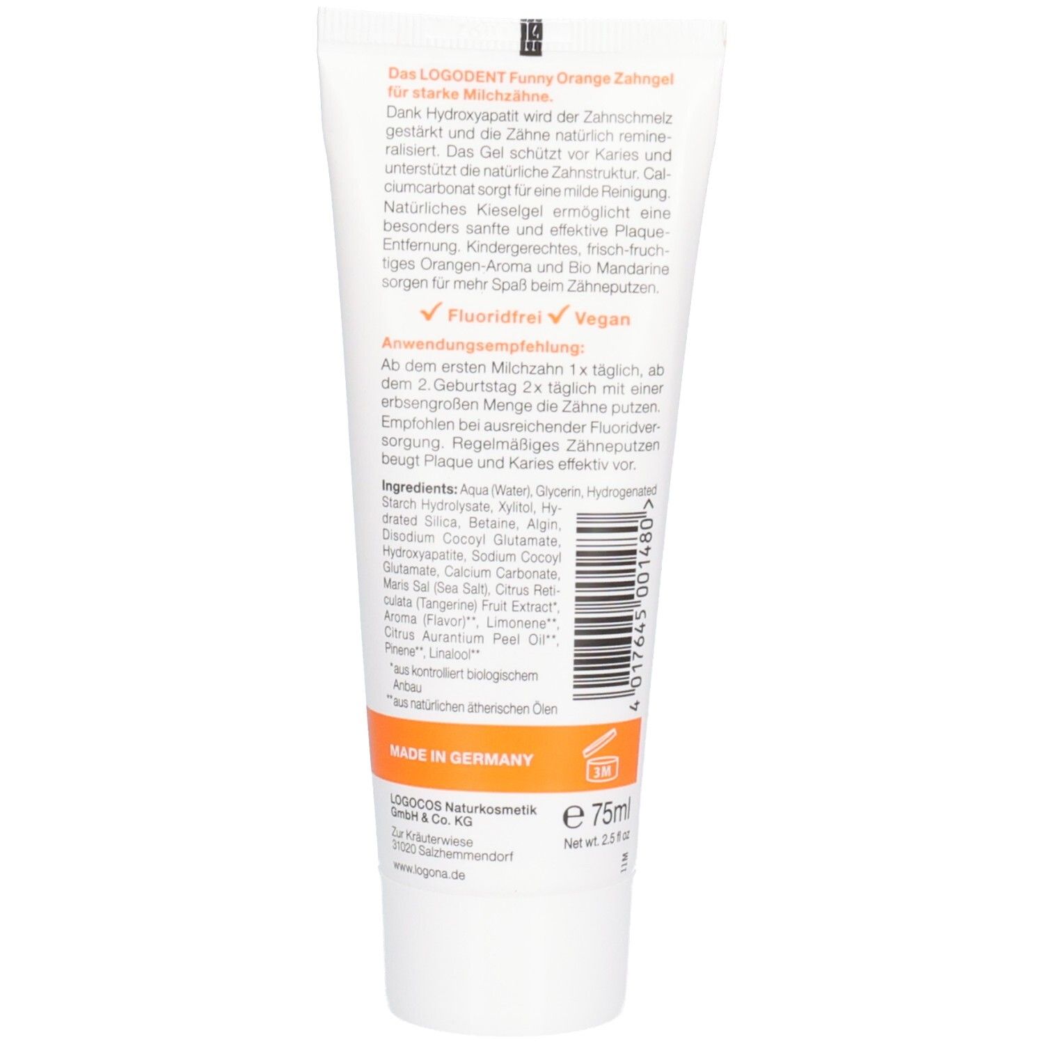Rückseite der Zahngel-Tube. Text: Anwendungsempfehlung, Inhaltsstoffe, "Fluoridfrei", "Vegan", "Made in Germany", 75ml.