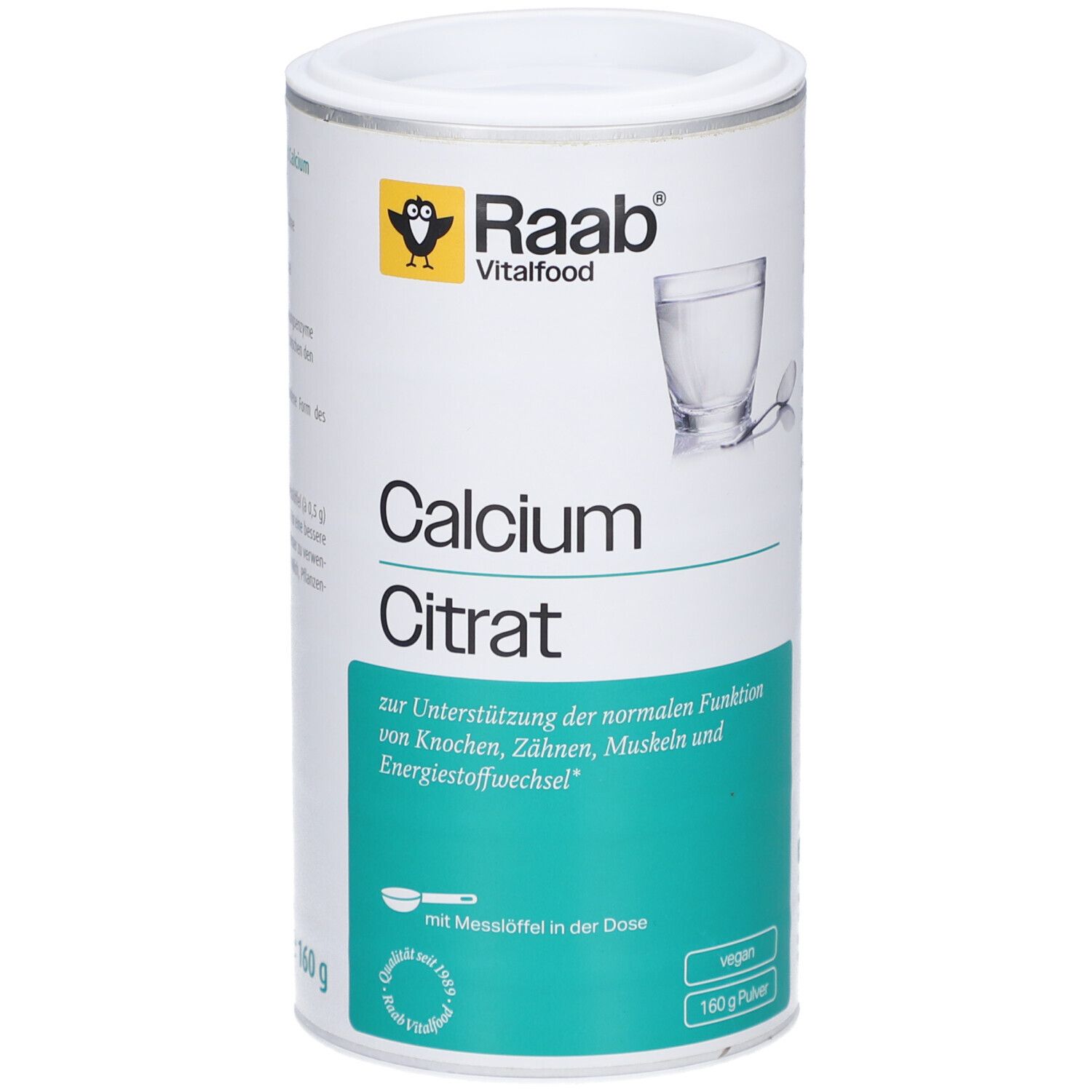 Poudre de citrate de calcium blanche en boîte. Marque Raab Vitalfood. Inscription : Calcium Citrat. Végétalien. 160g de poudre.