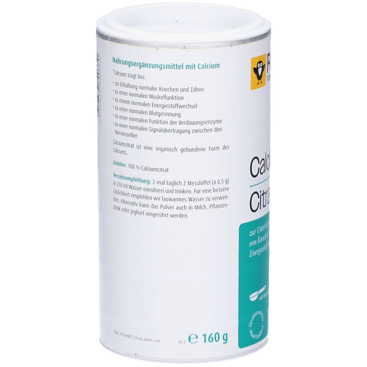 Boîte de poudre de citrate de calcium. Inscription : Complément alimentaire au calcium. Ingrédients. Recommandation de consommation. 160g.