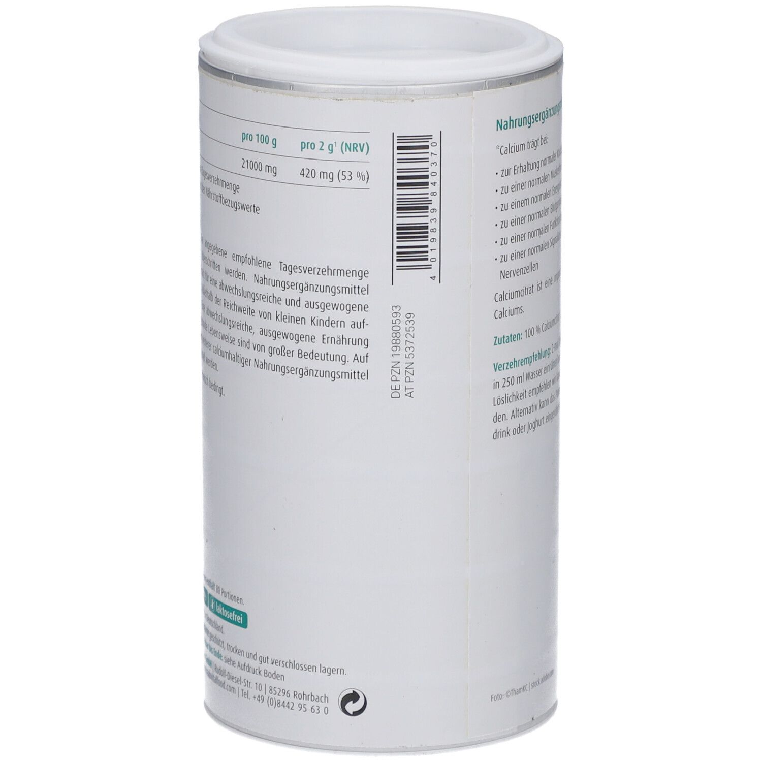 Boîte de poudre de citrate de calcium. Inscription : Informations nutritionnelles. Code-barres. 160g. Informations du fabricant.