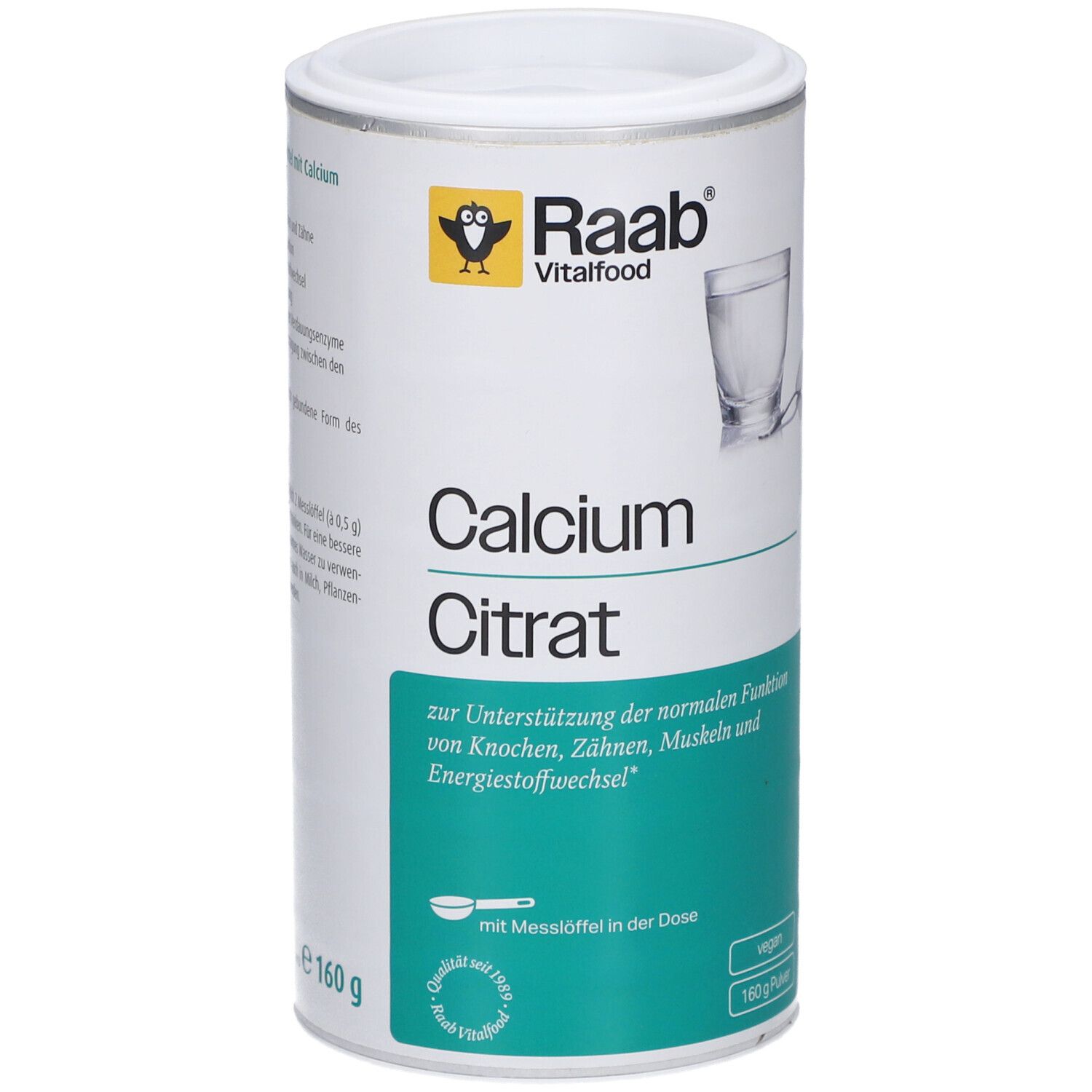 Poudre de citrate de calcium blanche en boîte. Marque Raab Vitalfood. Inscription : Calcium Citrat. Végétalien. 160g de poudre.