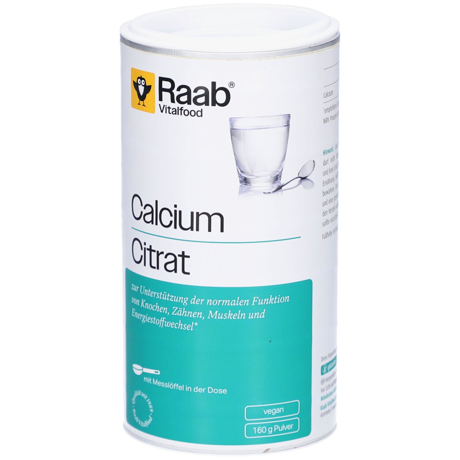 Poudre de citrate de calcium blanche en boîte. Marque Raab Vitalfood. Inscription : Calcium Citrat. Végétalien. 160g de poudre.