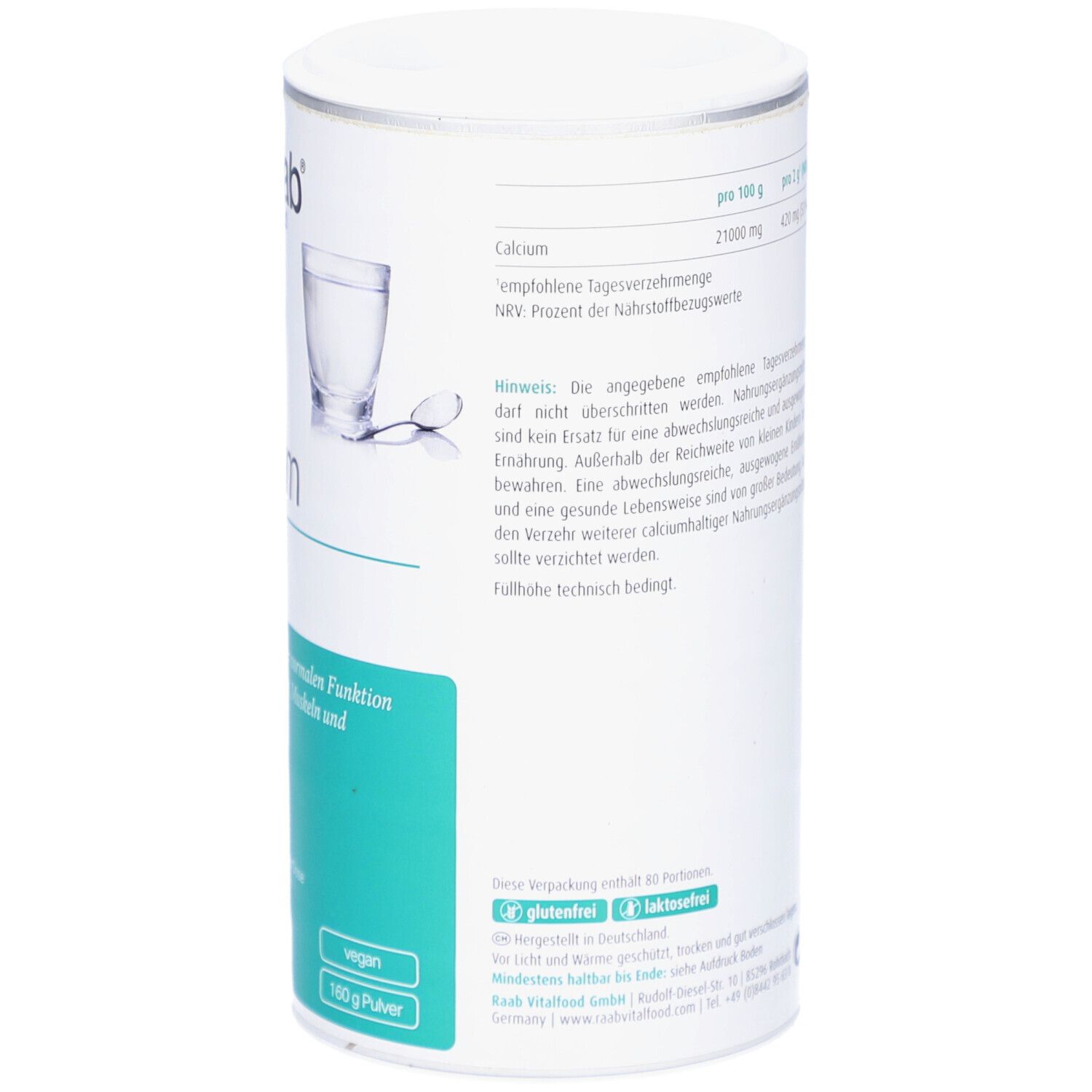 Boîte de poudre de citrate de calcium. Inscription : Informations nutritionnelles. Sans gluten. Sans lactose. 160g de poudre.