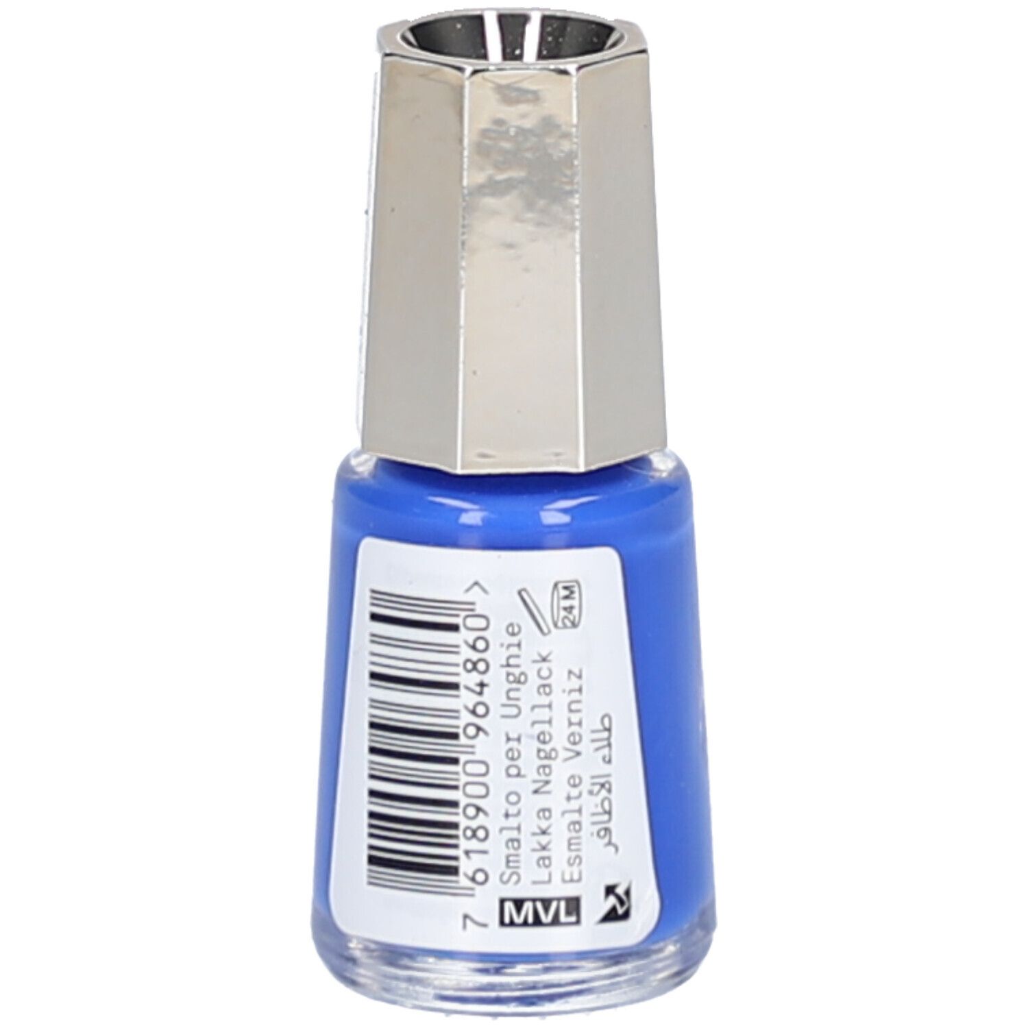 Blaue Nagellackflasche mit silbernem Deckel. Aufkleber mit Barcode und Text: Smalto per Unghie, Lakka Nagellack, Esmalte Verniz.