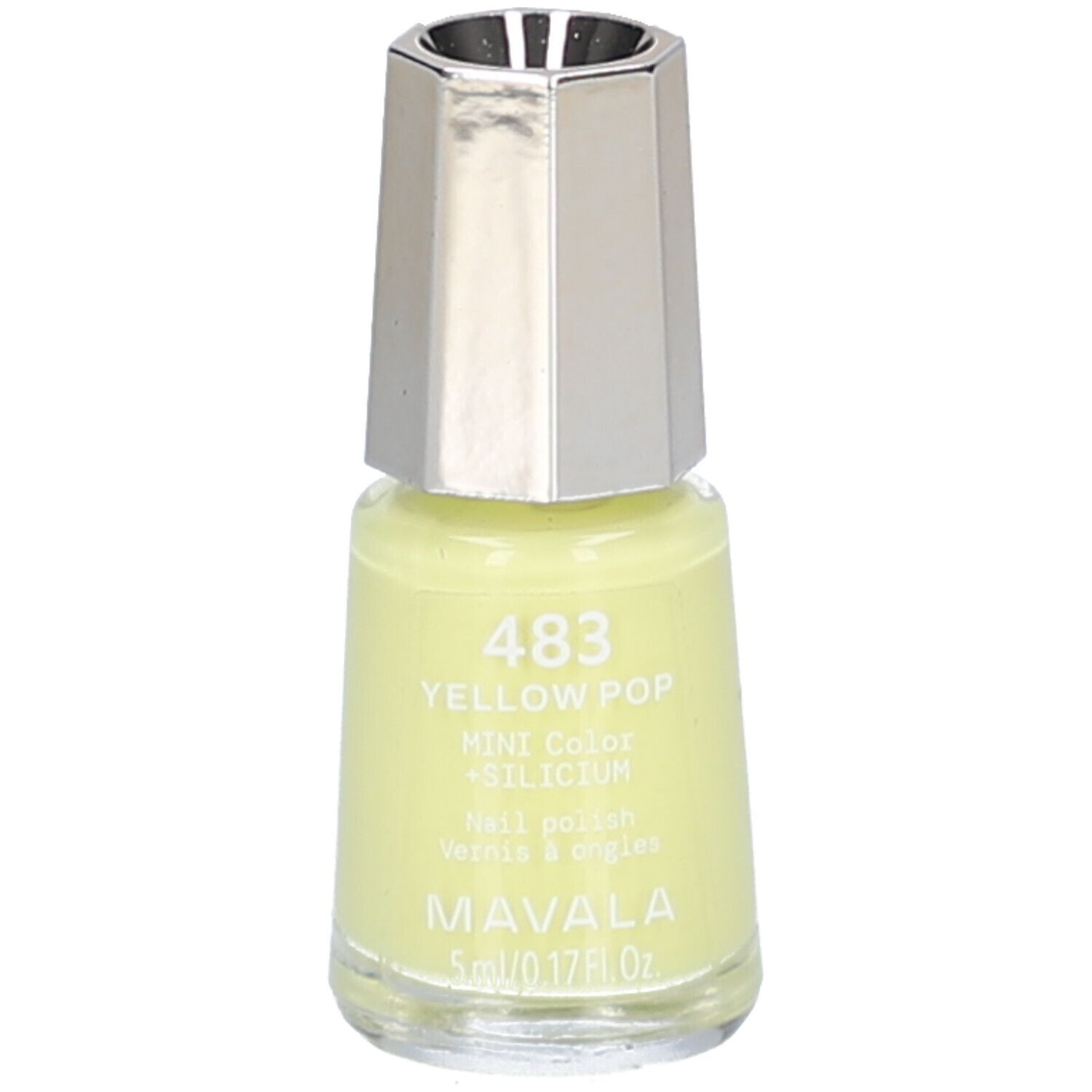 Vernis à ongles jaune MAVALA. Flacon avec bouchon argenté. Inscription : 483 Yellow Pop + Silicium.