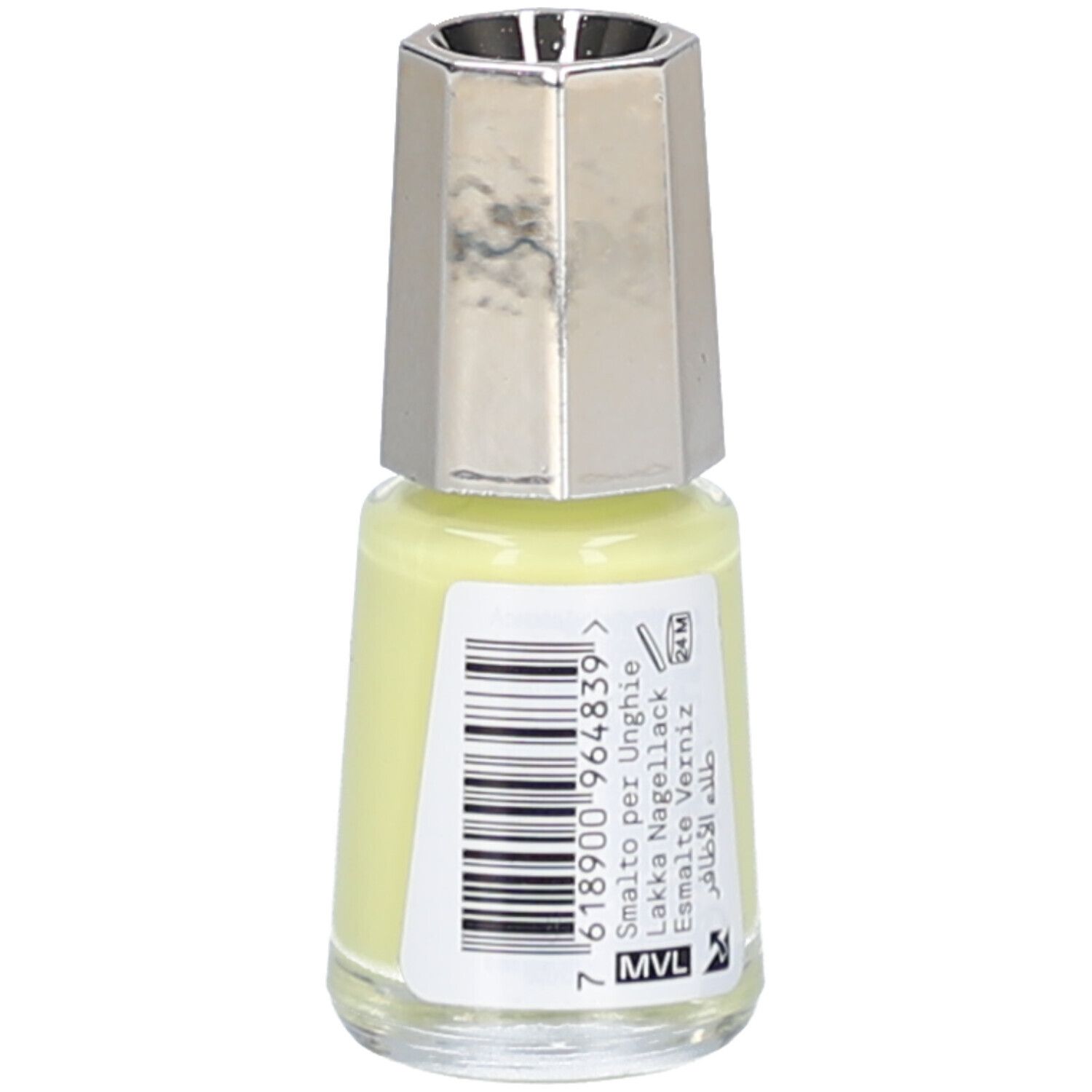 Vernis à ongles jaune MAVALA. Flacon avec bouchon argenté. Dos avec code-barres et texte.