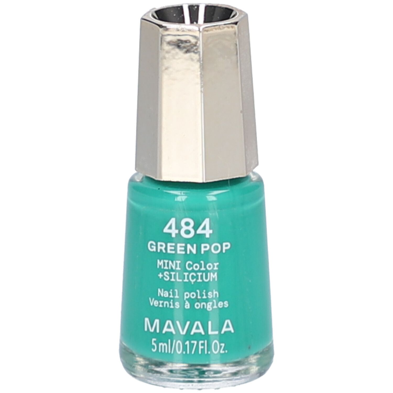 Flacon de vernis à ongles vert. Bouchon argenté. Inscription: 484 GREEN POP + SILICIUM, MINI COLOR, MAVALA, 5ml/0.17Fl.Oz.