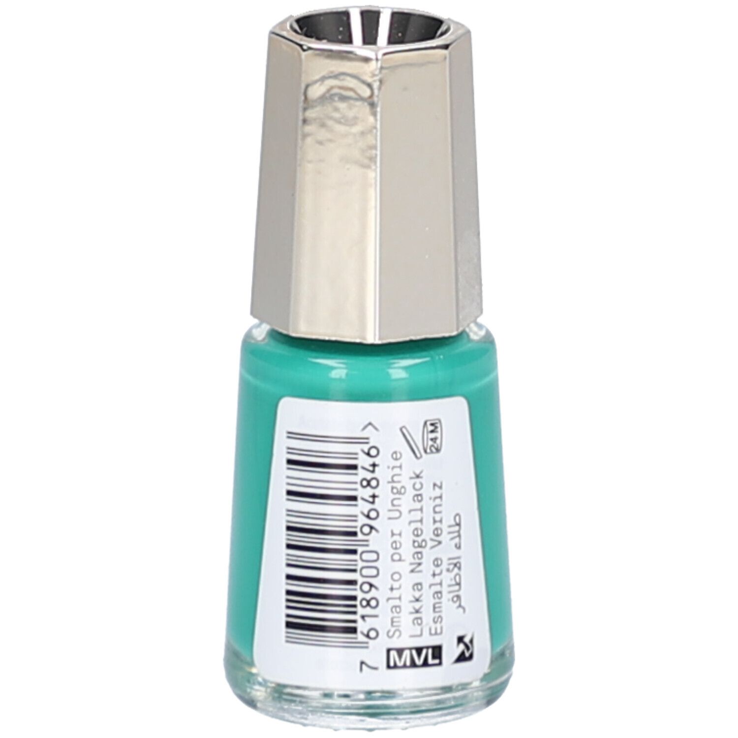Flacon de vernis à ongles vert. Bouchon argenté. Code-barres et texte: Smalto per Unghie, Lakka Nagellack, Esmlate Verniz, طلاء الأظافر.