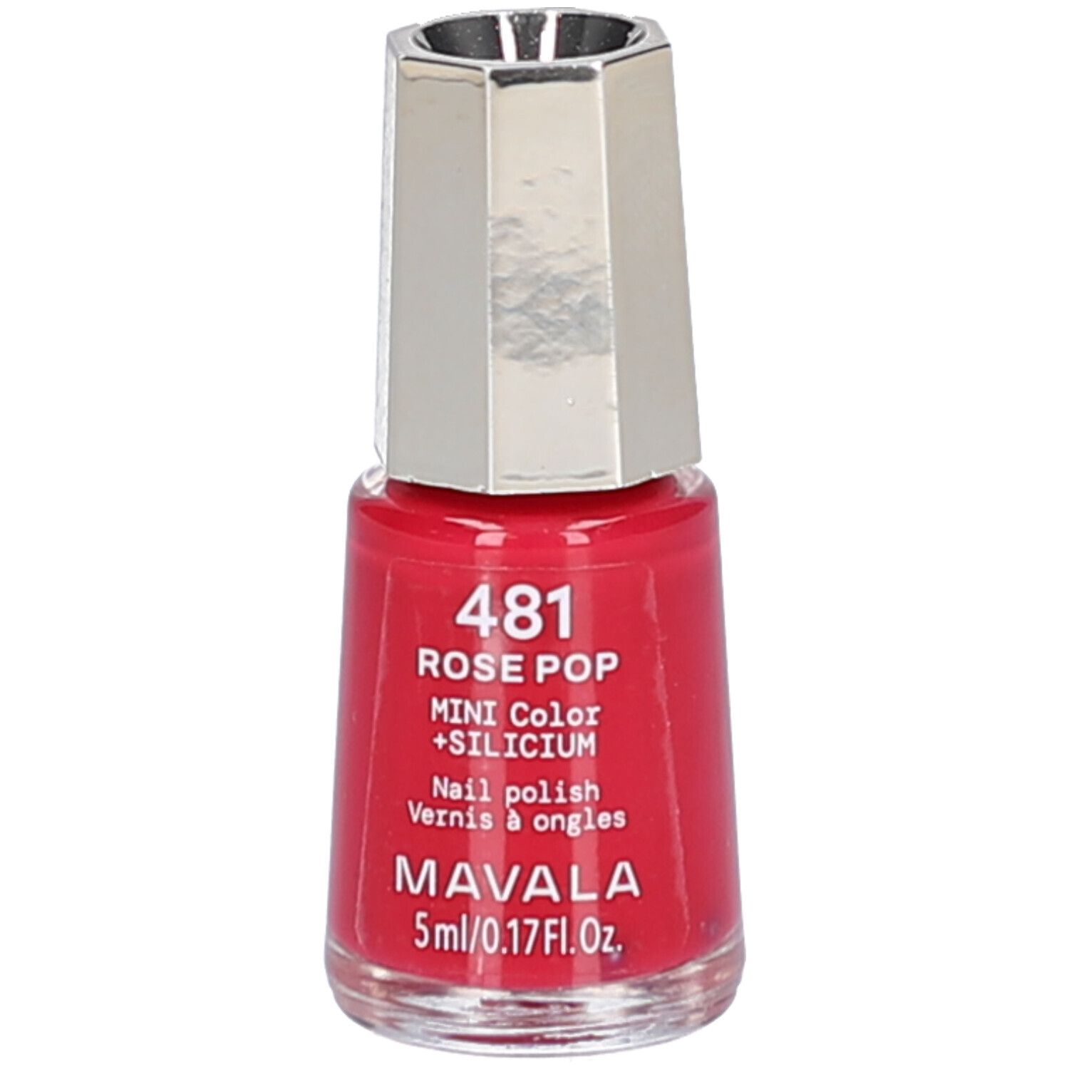 Nagellackflasche, rot, mit silberfarbenem Deckel. Aufschrift: 481 Rose Pop, Mini Color + Silicium, MAVALA.