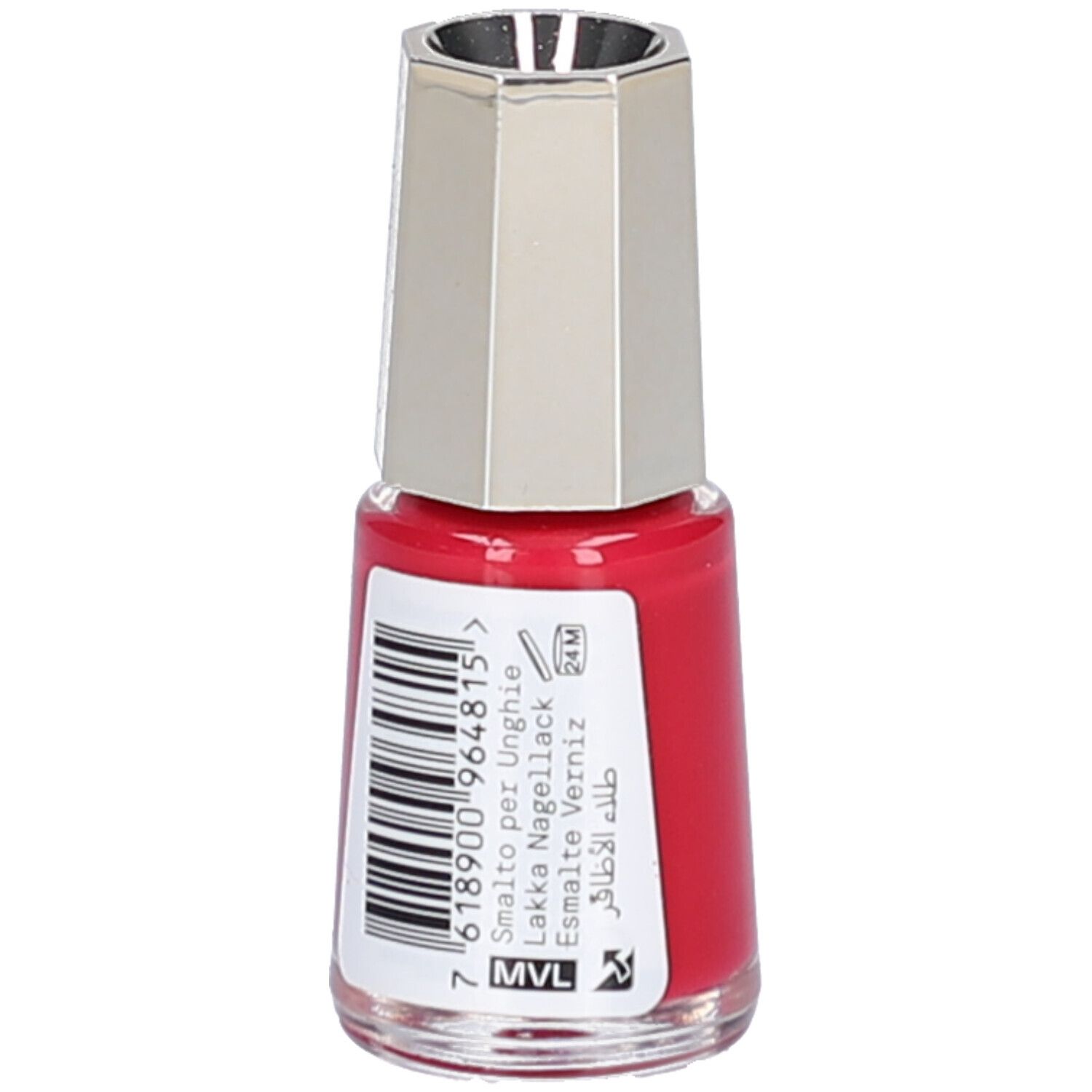 Rote Nagellackflasche mit silberfarbenem Deckel. Rückseite mit Barcode und Text: Smalto per Unghie, Lakka Nagellack.