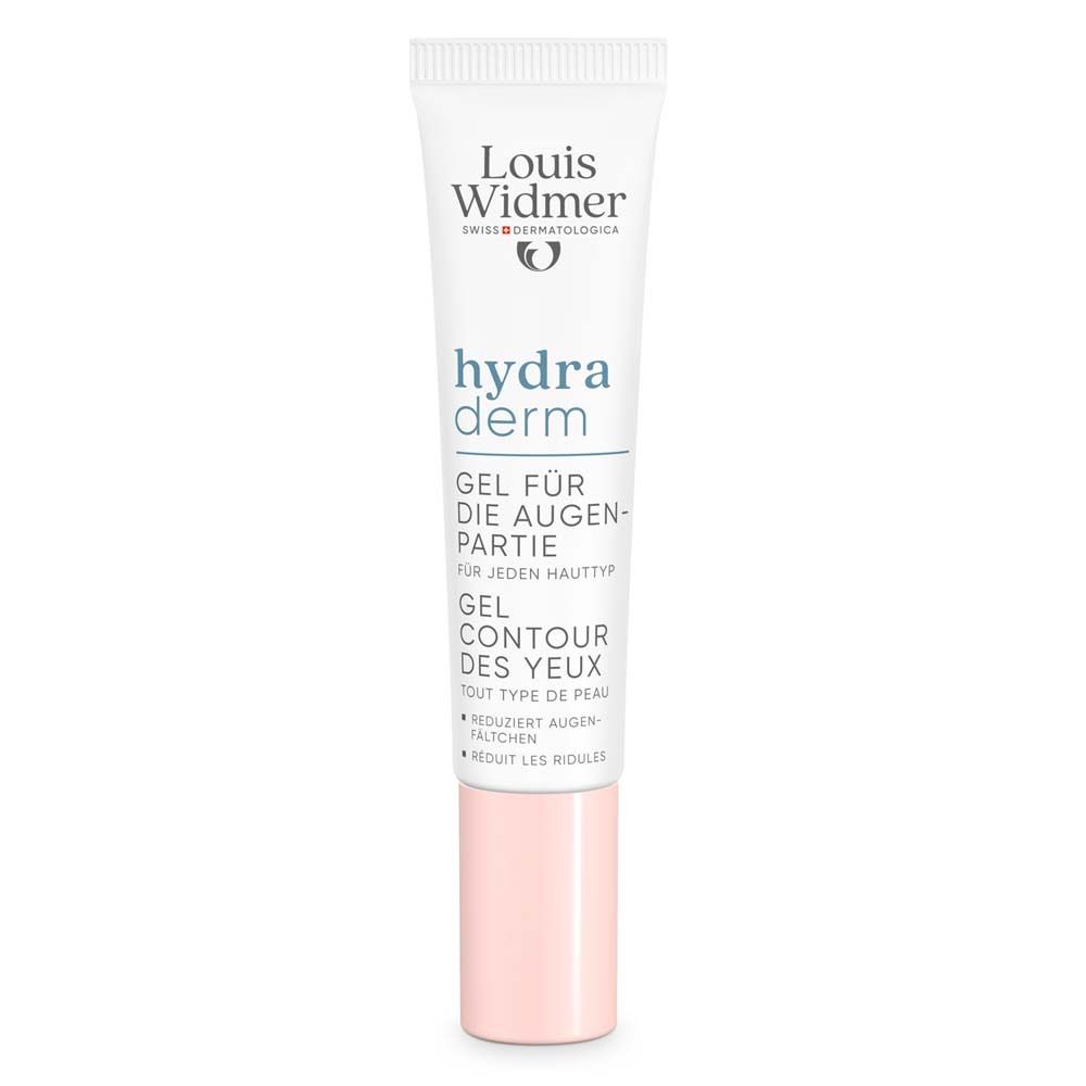 Tube blanc et rose. Inscription: Louis Widmer, hydra derm, Gel pour le contour des yeux. Texte en allemand et français.