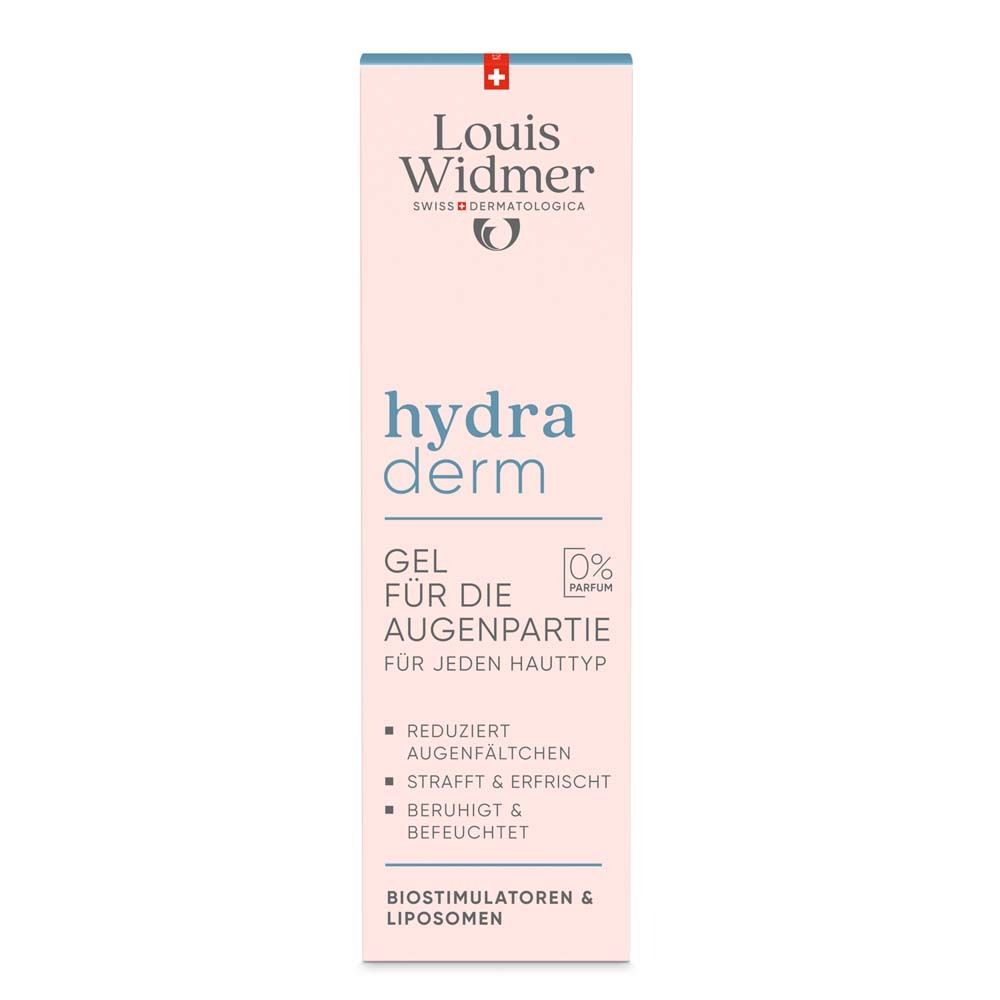 Emballage rose avec logo Louis Widmer et nom du produit hydra derm. Texte: Gel pour le contour des yeux, réduit les rides, raffermit.