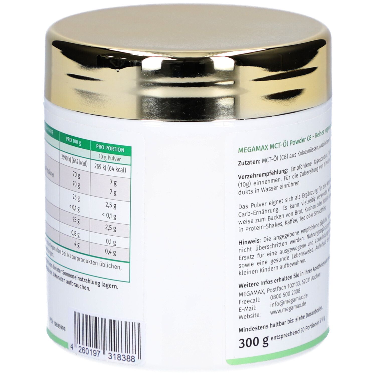 Rückseite der Dose. Nährwerttabelle. Text: MEGMAX MCT-Öl C8, 300g. Barcode.