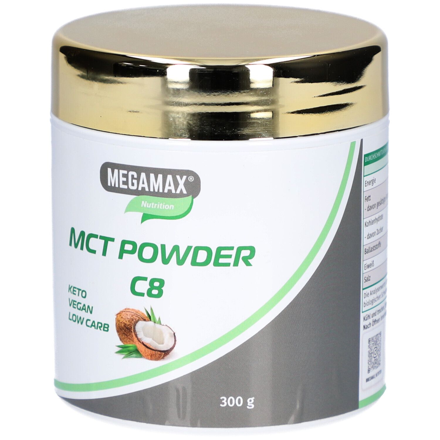 Weißes Dose mit goldenem Deckel. Aufschrift: MEGMAX Nutrition, MCT POWDER C8, Keto Vegan Low Carb. Kokosnuss-Illustration.